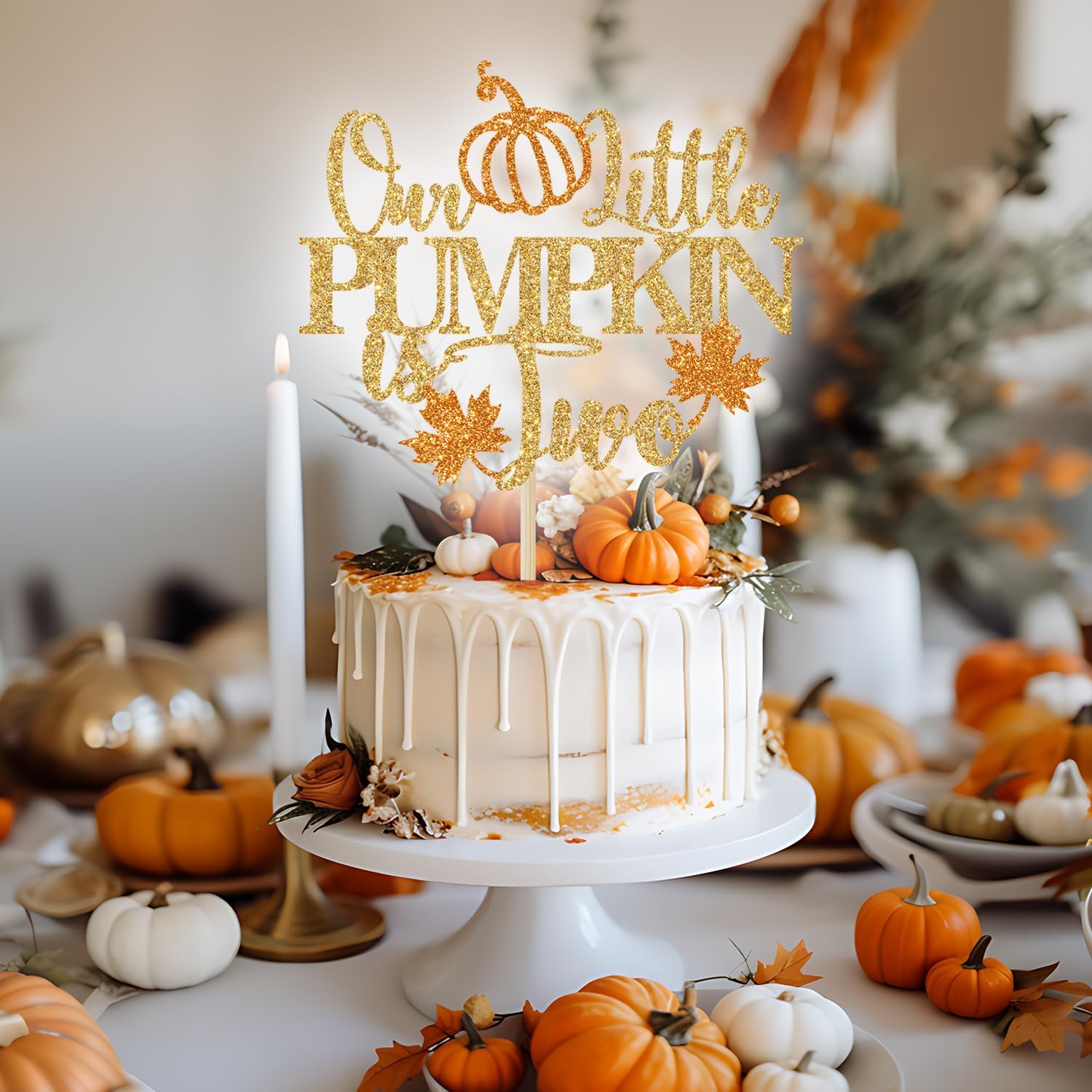 Detalle 2 de Yotawebery Our Little Pumpkin Is Two Cake Topper, Gold Glitter, 18 x 12cm