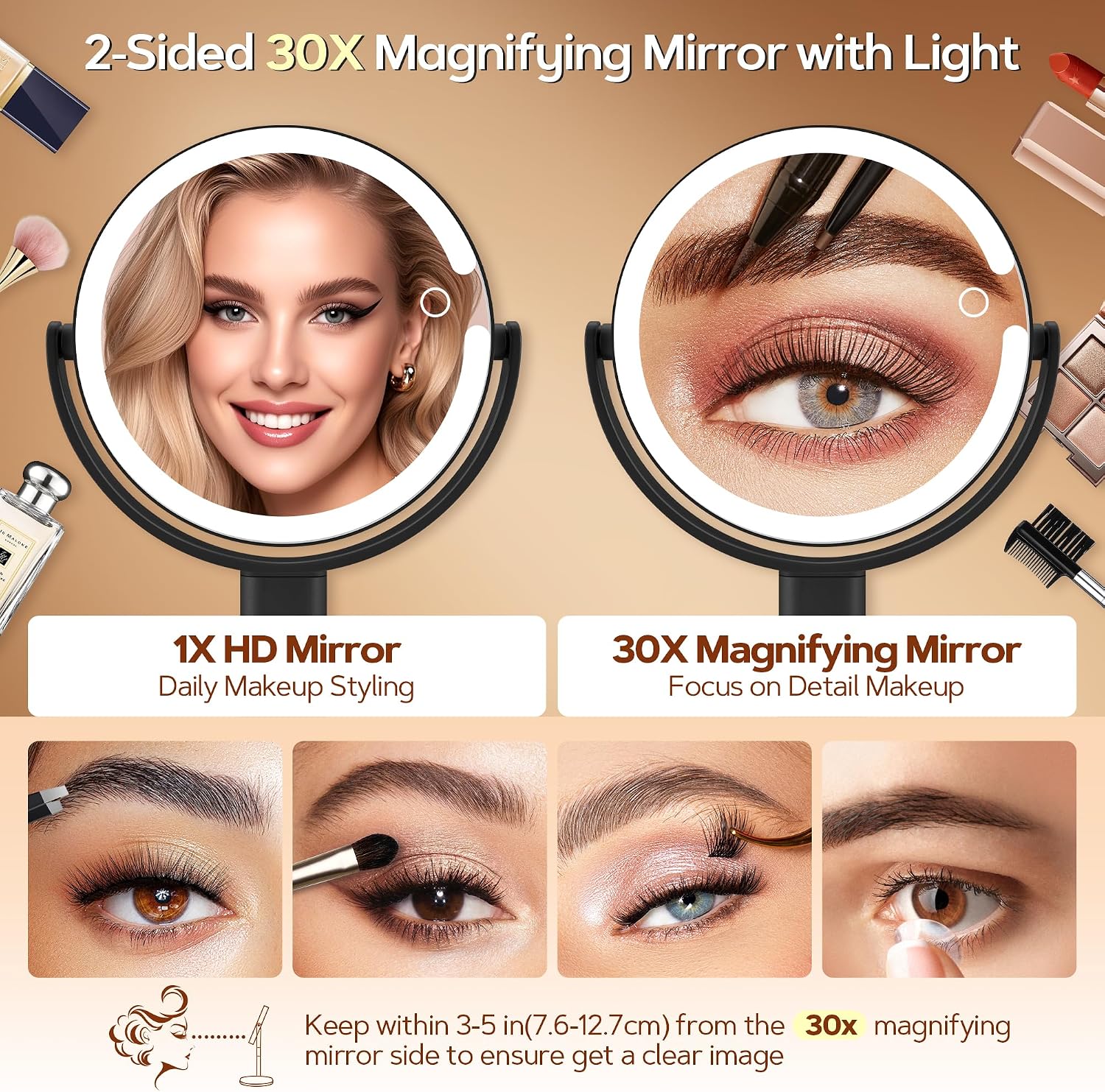 Detalle de B Beauty Planet Lighted Makeup Mirror, 30X Magnification, 3 Light Modes