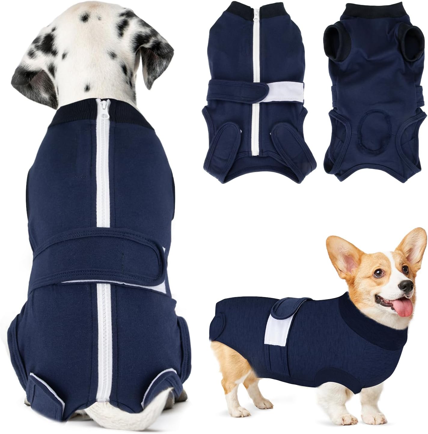 Detalle de Eyein Hundebody nach OP – Wundschutzanzug mit Reißverschluss & Klett, atmungsaktiv, Dunkelblau (4XL)