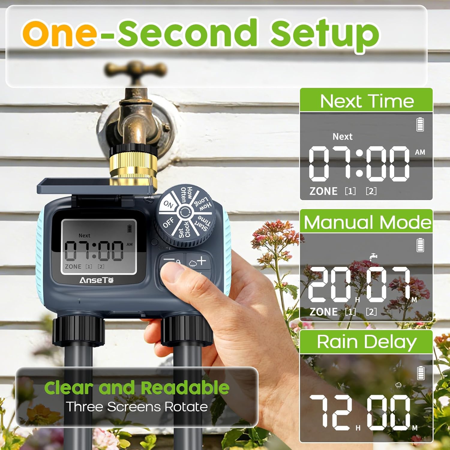 Detalle de AnseTo Timer di Irrigazione Solare con 2 Uscite e pannello regolabile, ricarica USB-C