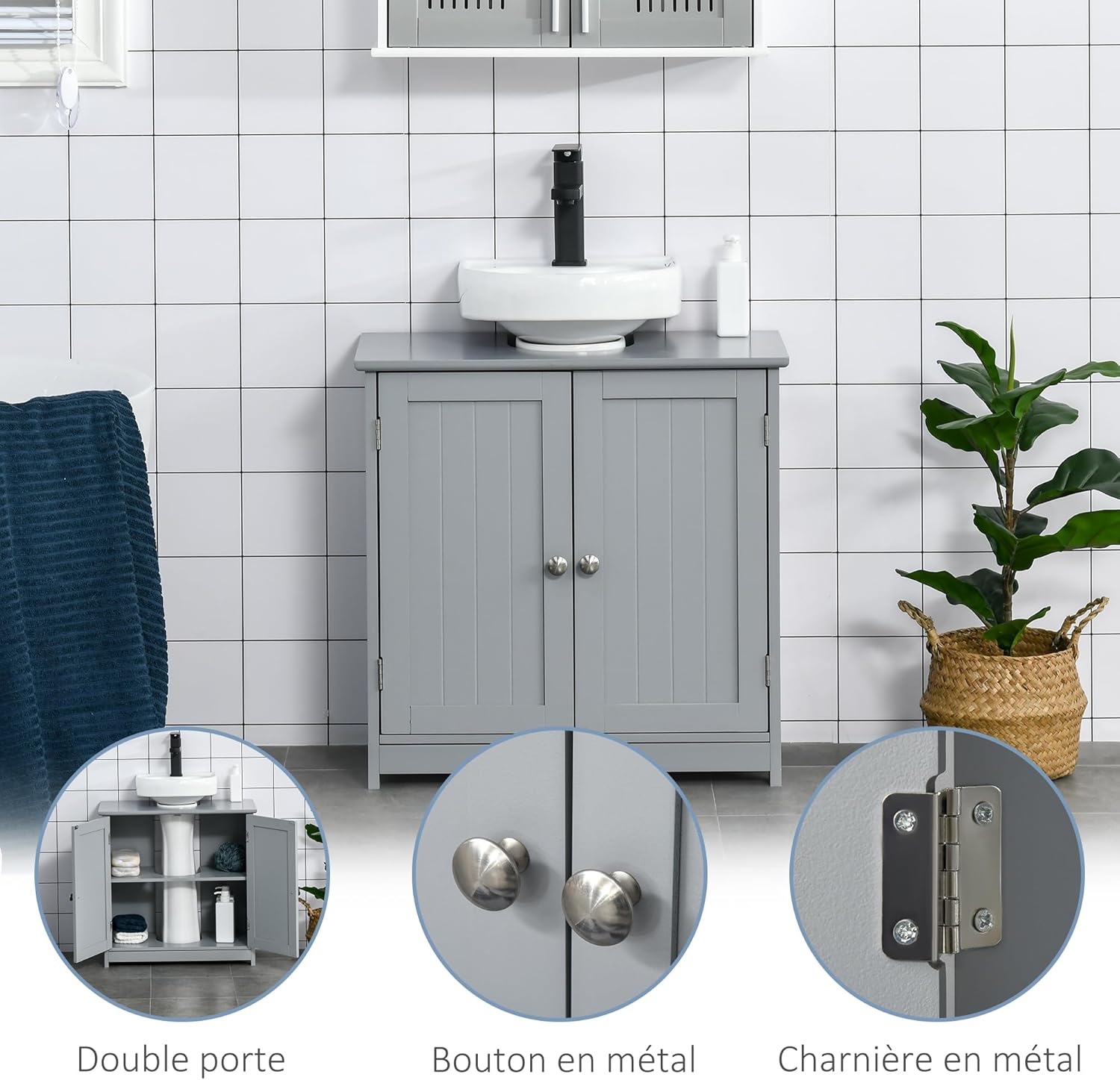 Thumbnail 6 de Kleankin meuble salle de bain sous lavabo gris avec double porte et étagère