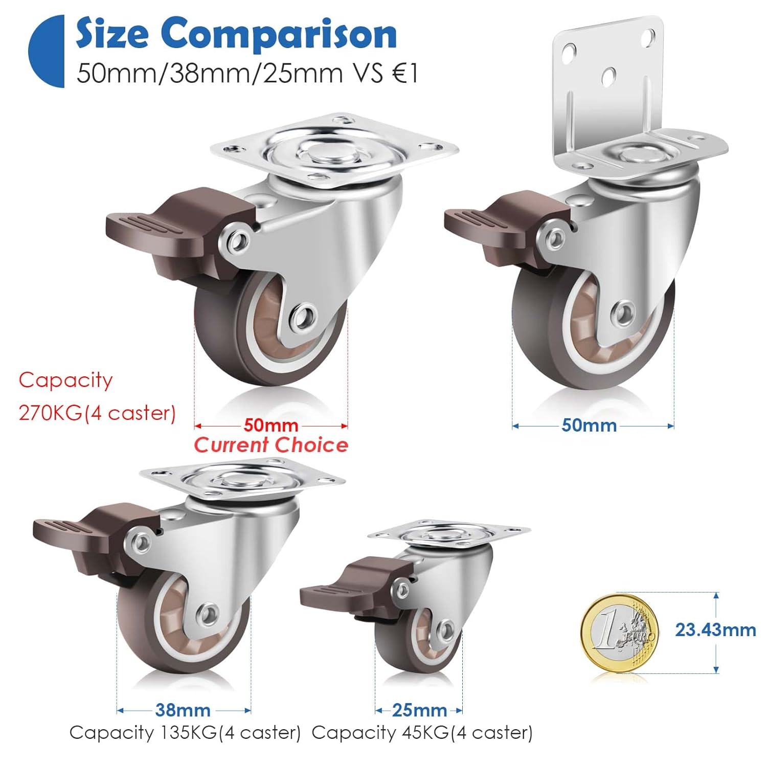 Thumbnail 1 de W B D WEIBIDA 50mm Ruote per Mobili Pesanti con 270 kg di Capacità e 4 Freni – Set di 4 con Viti e Cacciavite Incluso