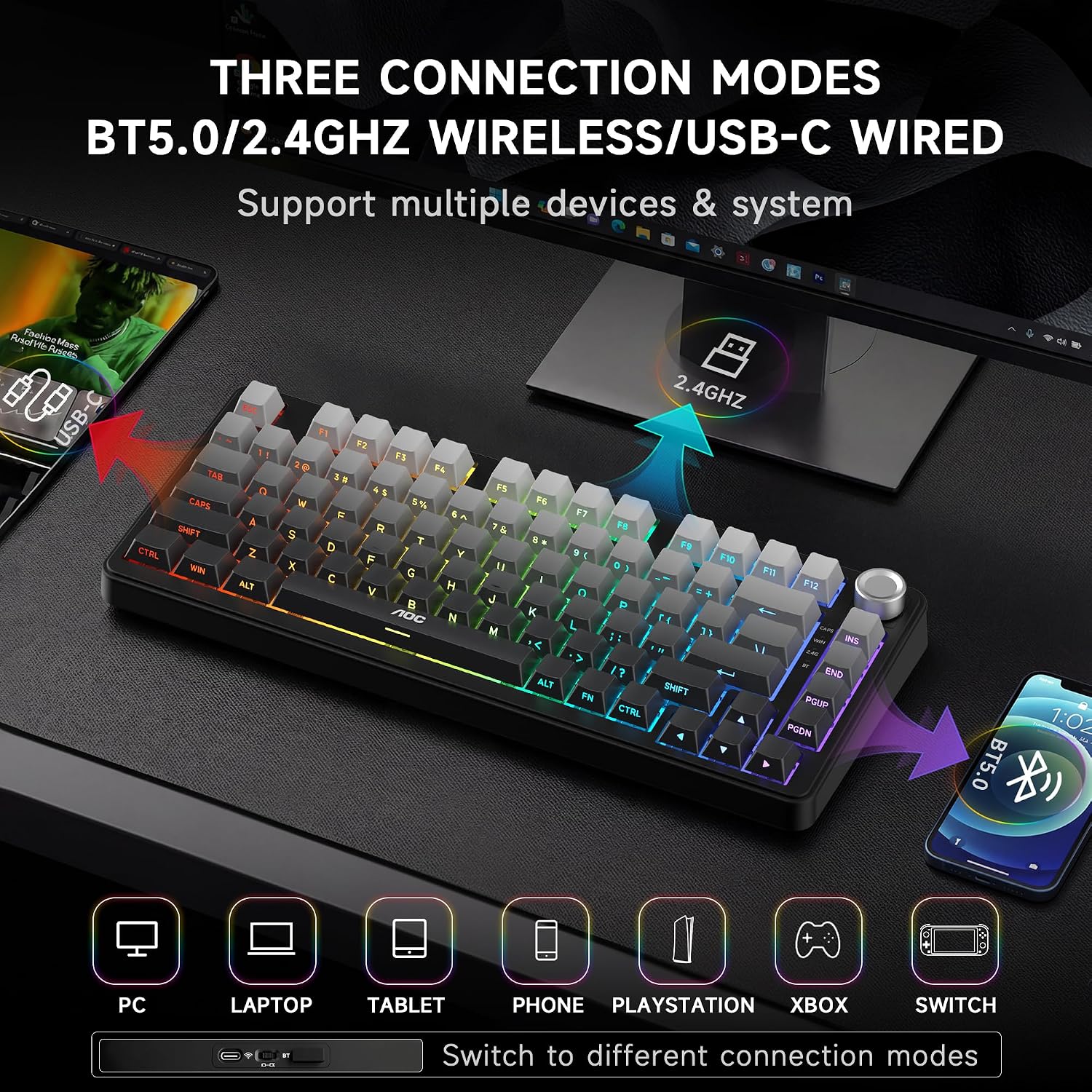 Detalle de AOC GK330 Hot-Swappable 75% Wireless Keyboard