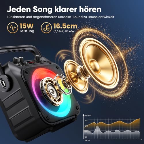 Detalle de Singingmate Karaoke Maschine mit 2 kabellosen Mikrofonen – tragbare Karaoke Box, Bluetooth Lautsprecher, TV-kompatibel