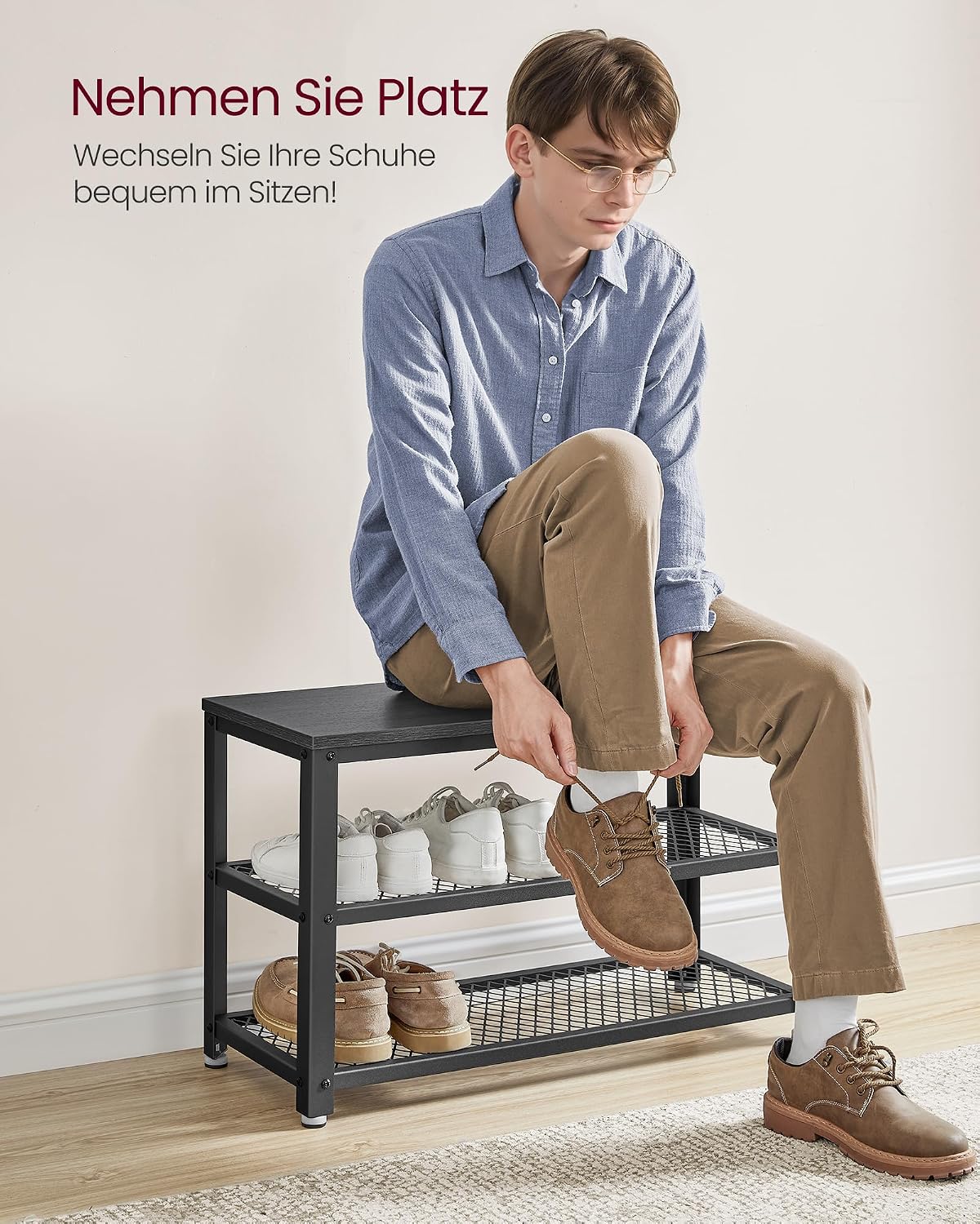 Detalle de VASAGLE Schuhbank LBS073B06 – Schuhregal mit 2 Gitterablagen, 30 x 73 x 45 cm, Ebenholzschwarz