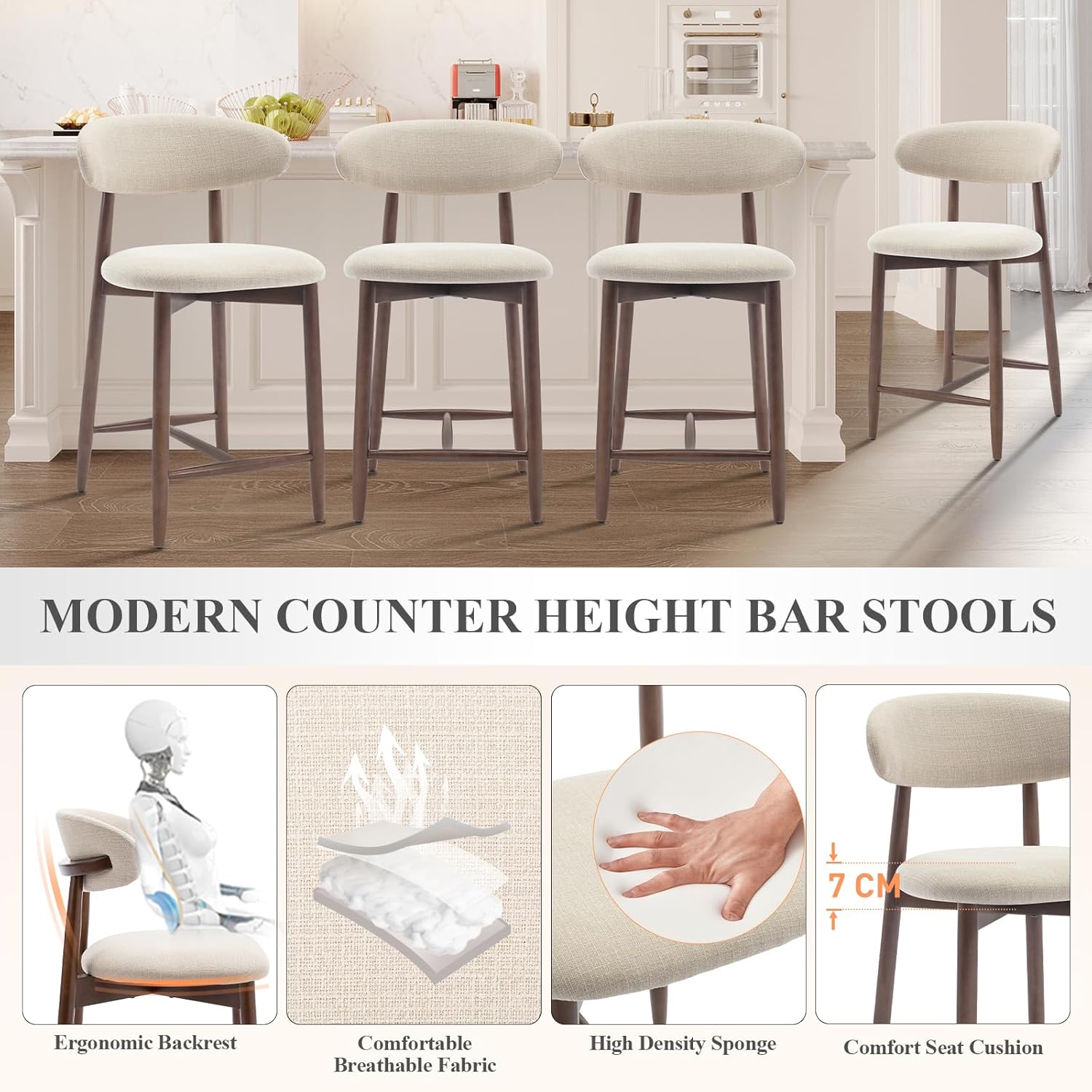 Detalle de COLAMY 2PCS Counter Height Bar Stools with Back: Nordic-Inspired Comfort for Kitchen Islands