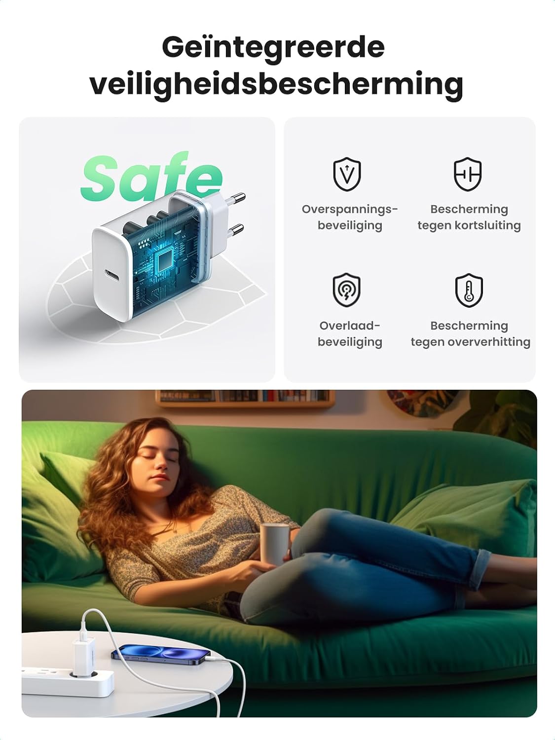 Detalle de UGREEN 20W USB-C-oplader met PD 3.0, één poort en compact ontwerp