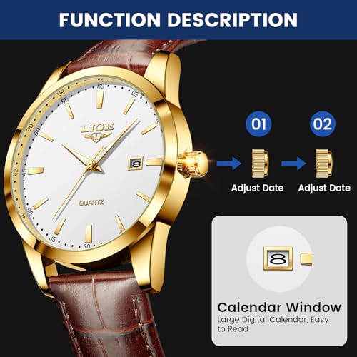 Thumbnail 3 de LIGE Mens Watches Waterproof Analogue Vintage Quartz with Date, Brown Leather – Gold/White