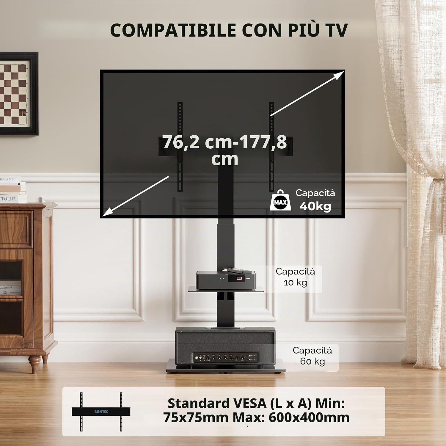 Thumbnail 1 de BONTEC Supporto TV da pavimento universale 30–70 pollici, altezza regolabile e ripiani in vetro temperato