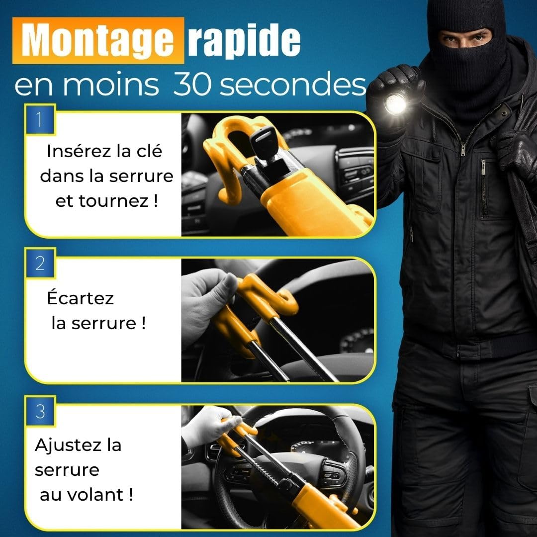 Detalle de ATG Bloque Volant Voiture – Antivol volant en acier trempé, protection anti-perçage et cylindre haute sécurité
