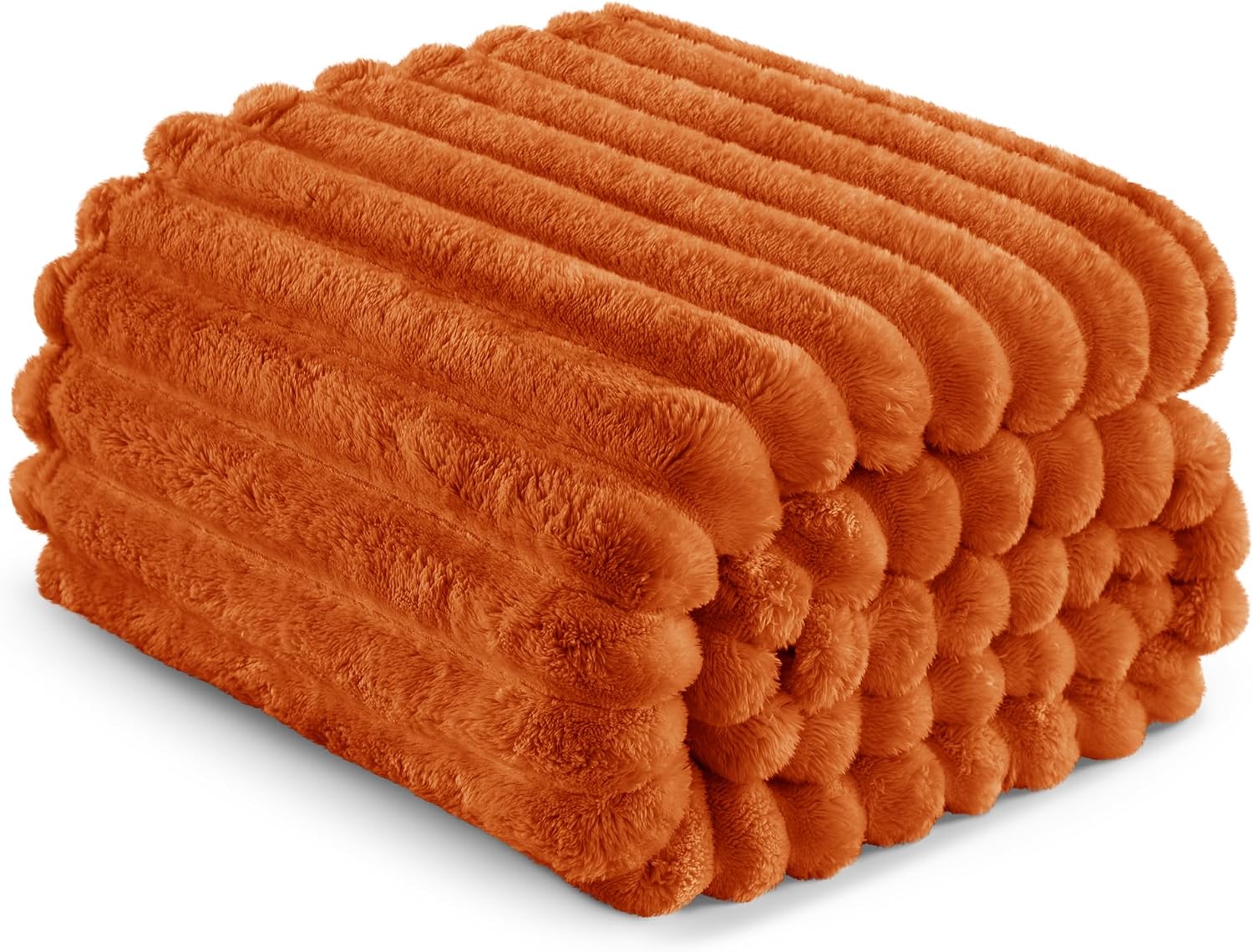 Detalle de Exclusive Mix Queen Size Flannel Fleece Blanket with Striped Jacquard – 230x230 cm, Burnt Orange
