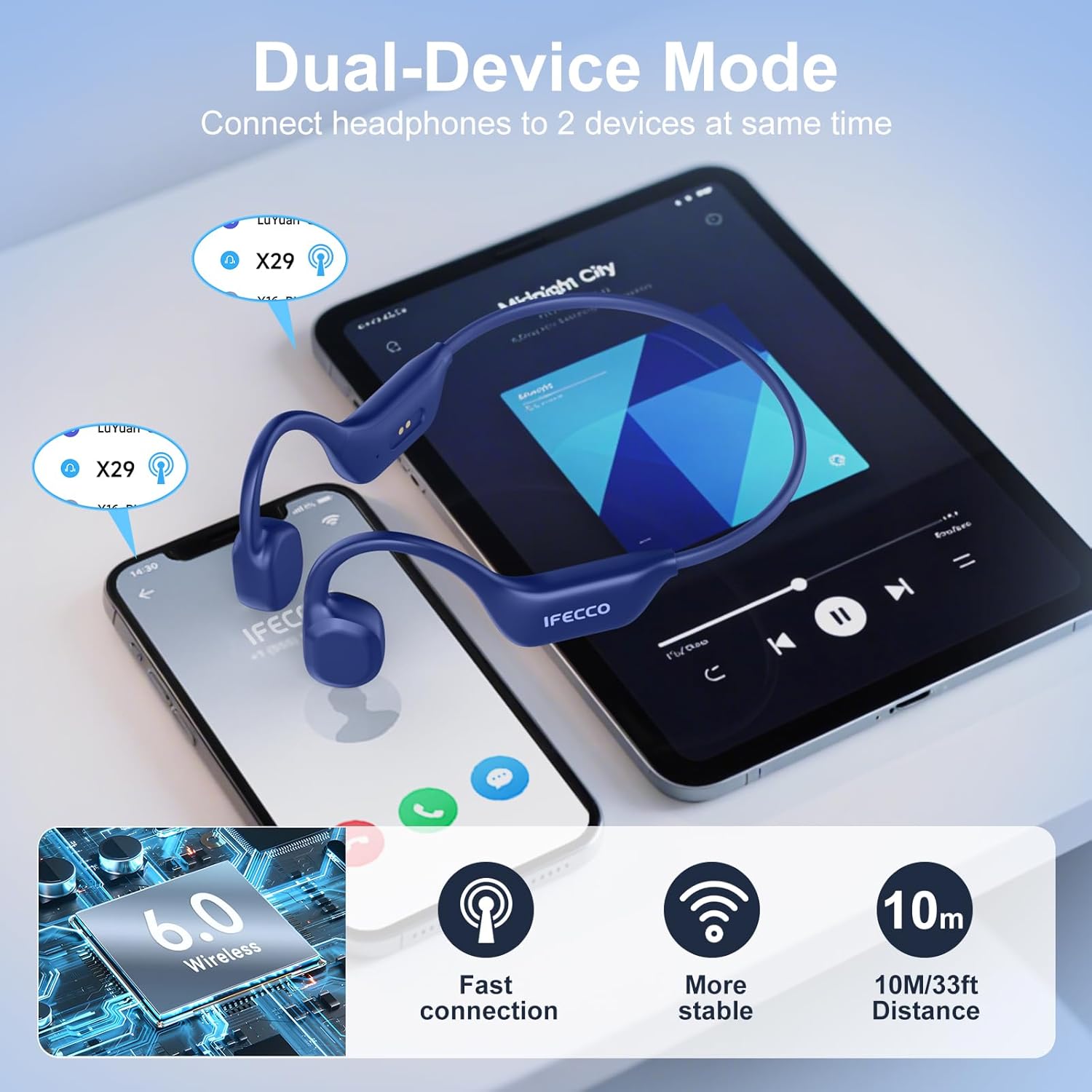 Detalle 2 de IFECCO Knochenschall Kopfhörer Bluetooth 6.0 – IP67, Open-Ear, Lange Akkulaufzeit