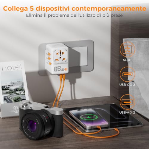 Detalle de TESSAN adattatore universale da viaggio GaN 65 W con 2 USB-A e 2 USB-C