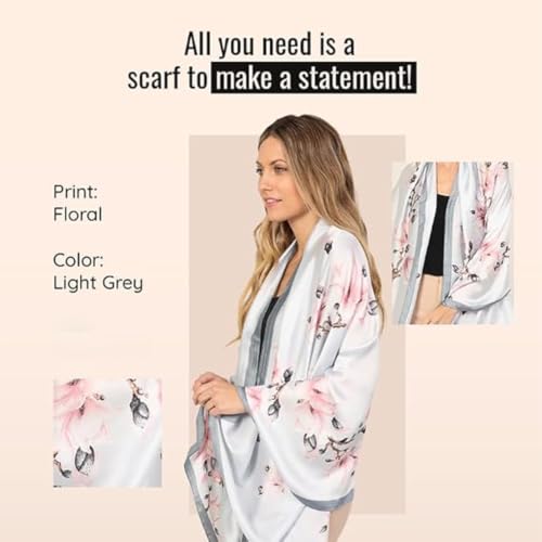 Detalle de Trillion London Silk Shawl: Soft Grey Blossoms Designer Silk Scarf