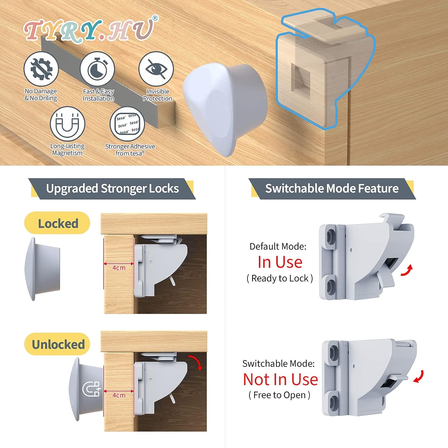Thumbnail 1 de TYRY.HU magnetisches Kinderschloss für Schrank & Schublade – 10 Schlösser + 2 Magnetschlüssel
