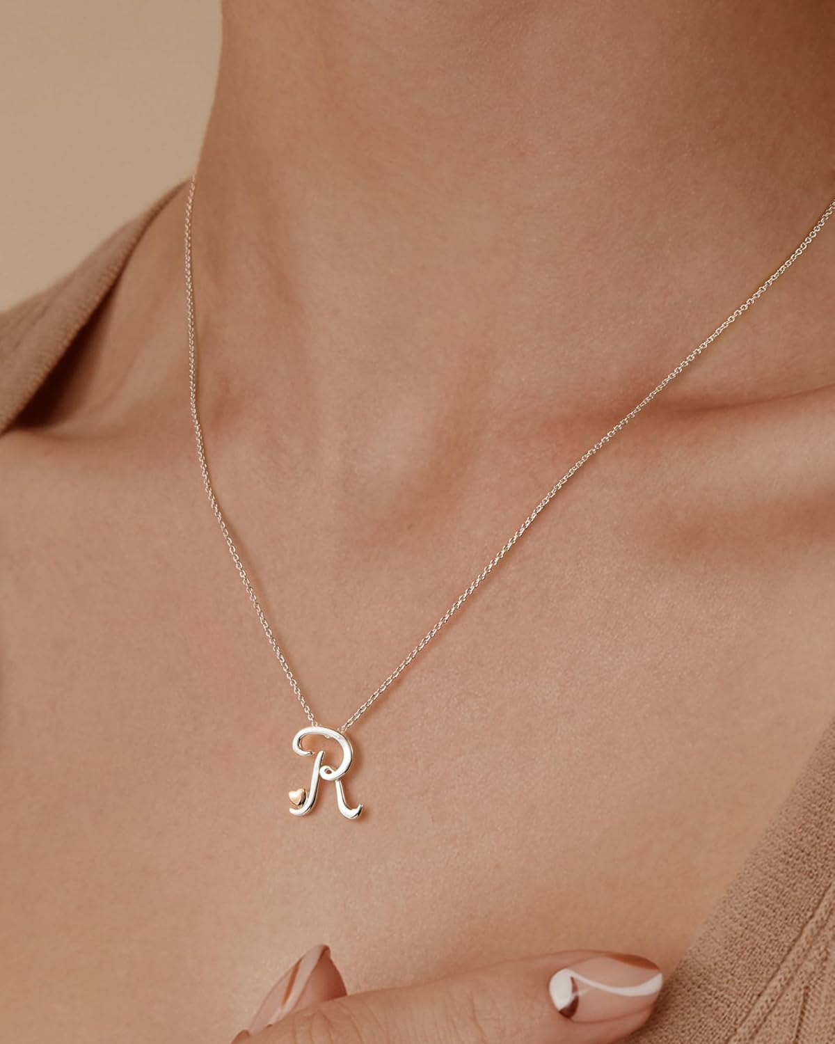 Thumbnail 3 de Collier Mesovor avec initiale en argent et cœur en or rose pour femme
