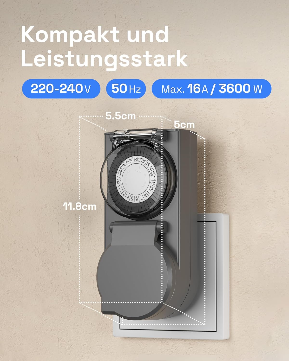 Detalle de HBN Zeitschaltuhr Steckdose Außenbereich IP44 – Mechanisch, 24 Stunden, 16 A, Anthrazit