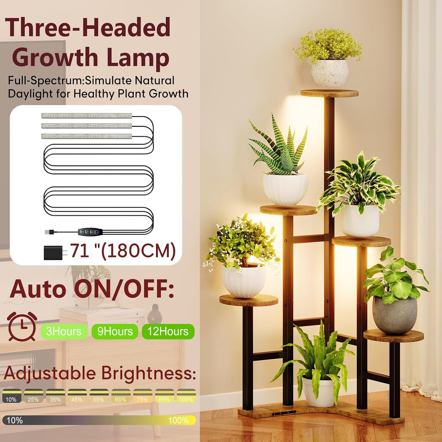 Thumbnail 3 de Yzosvki 6-Tier Corner Plant Stand with Grow Lights, Rustic Brown