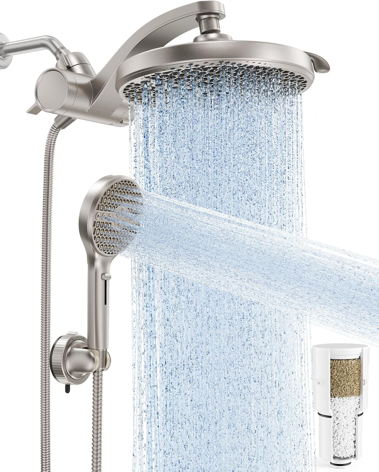 Detalle de Veken SHT3V103 Filtered Shower Head Combo, Nickel, 8-Mode Rain and 9-Mode Handheld