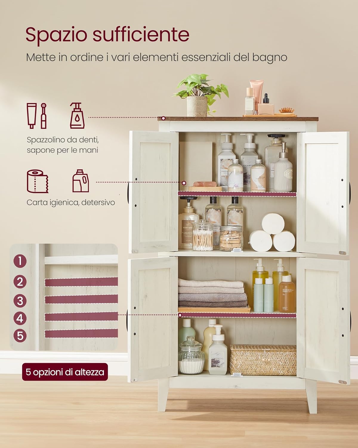 Thumbnail 3 de VASAGLE Collezione LIRY BBK773W01 mobile da bagno/credenza farmhouse con ante e ripiani regolabili