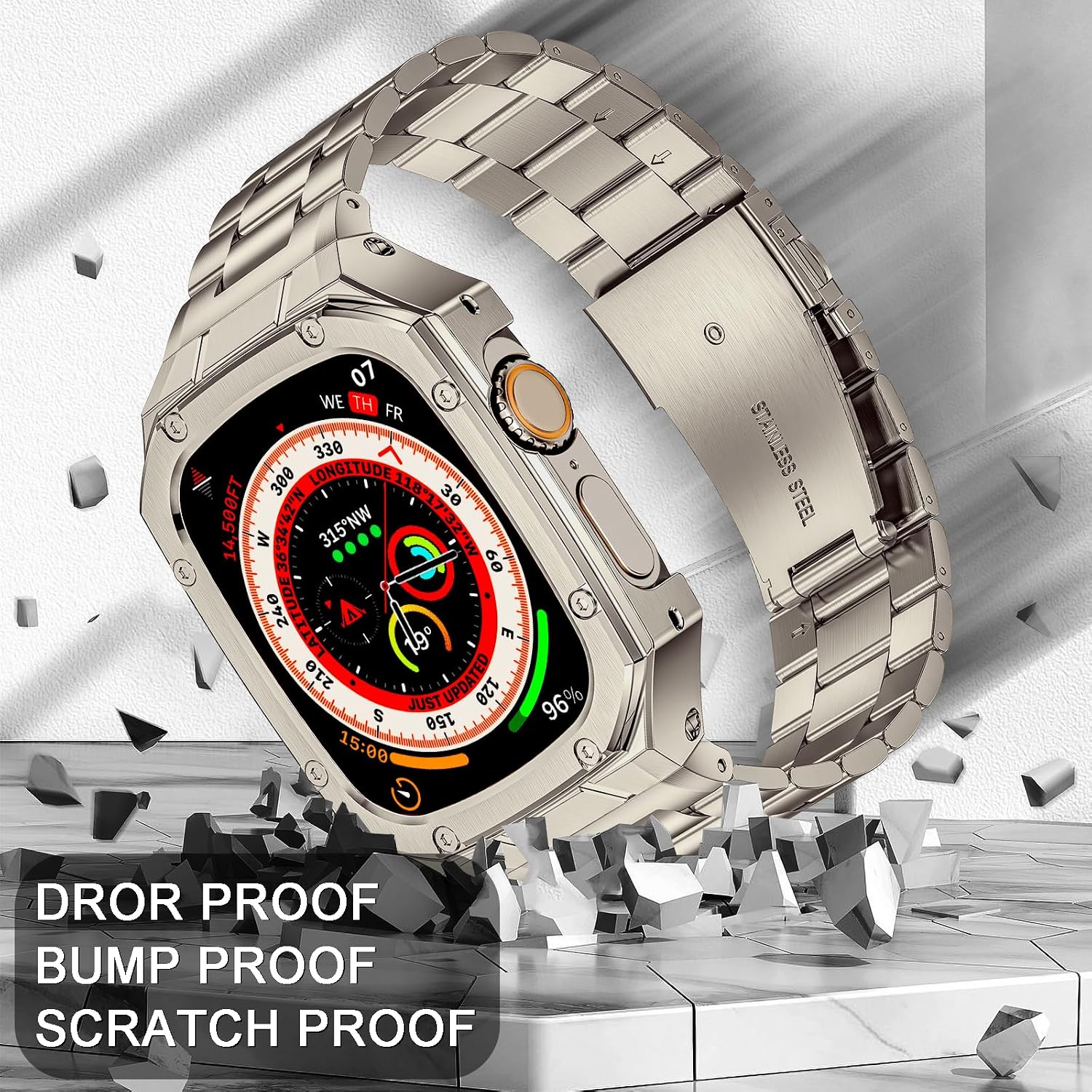 Detalle de BAITEYOU Stainless Steel Watch Band with Protective Case for Apple Watch Ultra 3/2/1 (49mm) in Titanium Color