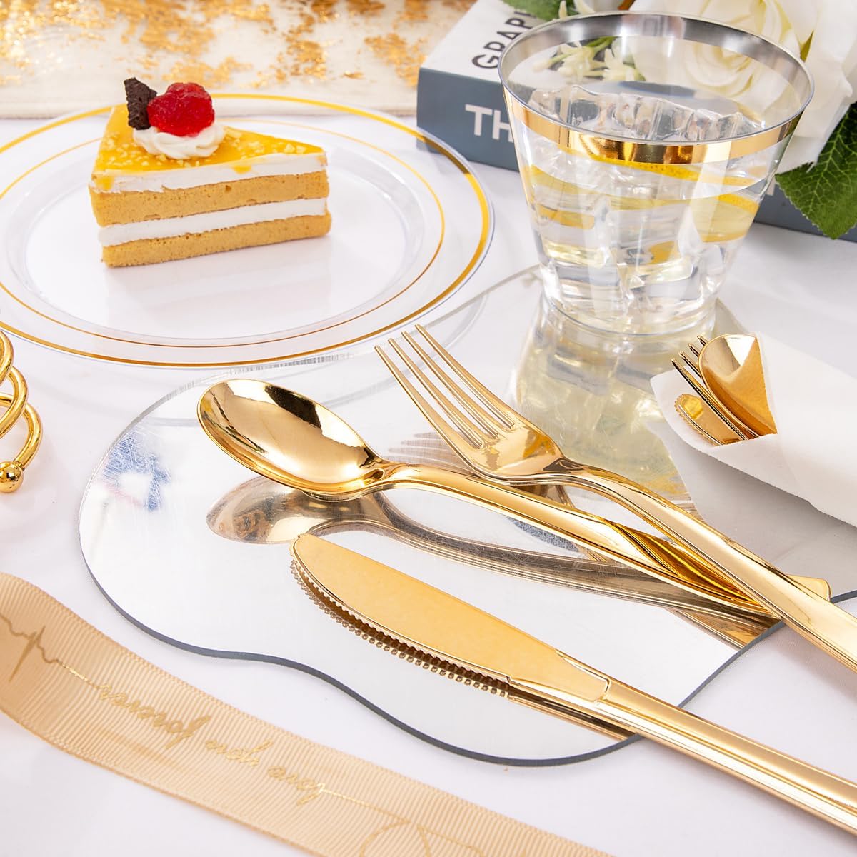 Thumbnail 4 de DaYammi 350-Piece Clear Gold Plastic Dinnerware Set for 50 Guests
