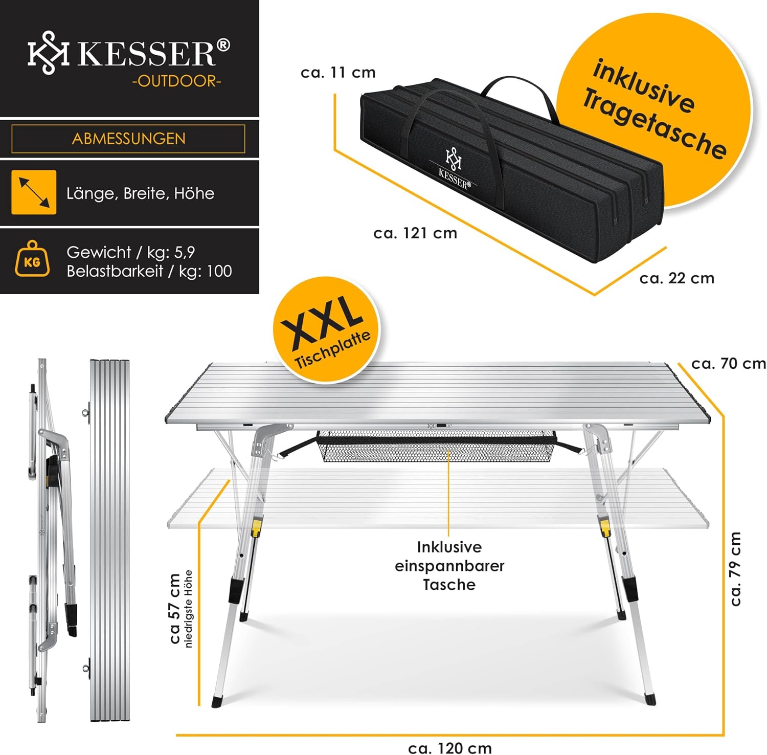 Thumbnail 1 de KESSER Campingtisch faltbar Klapptisch mit Aluminiumrahmen, 120x70 cm, höhenverstellbar bis 79 cm, Traglast 100 kg