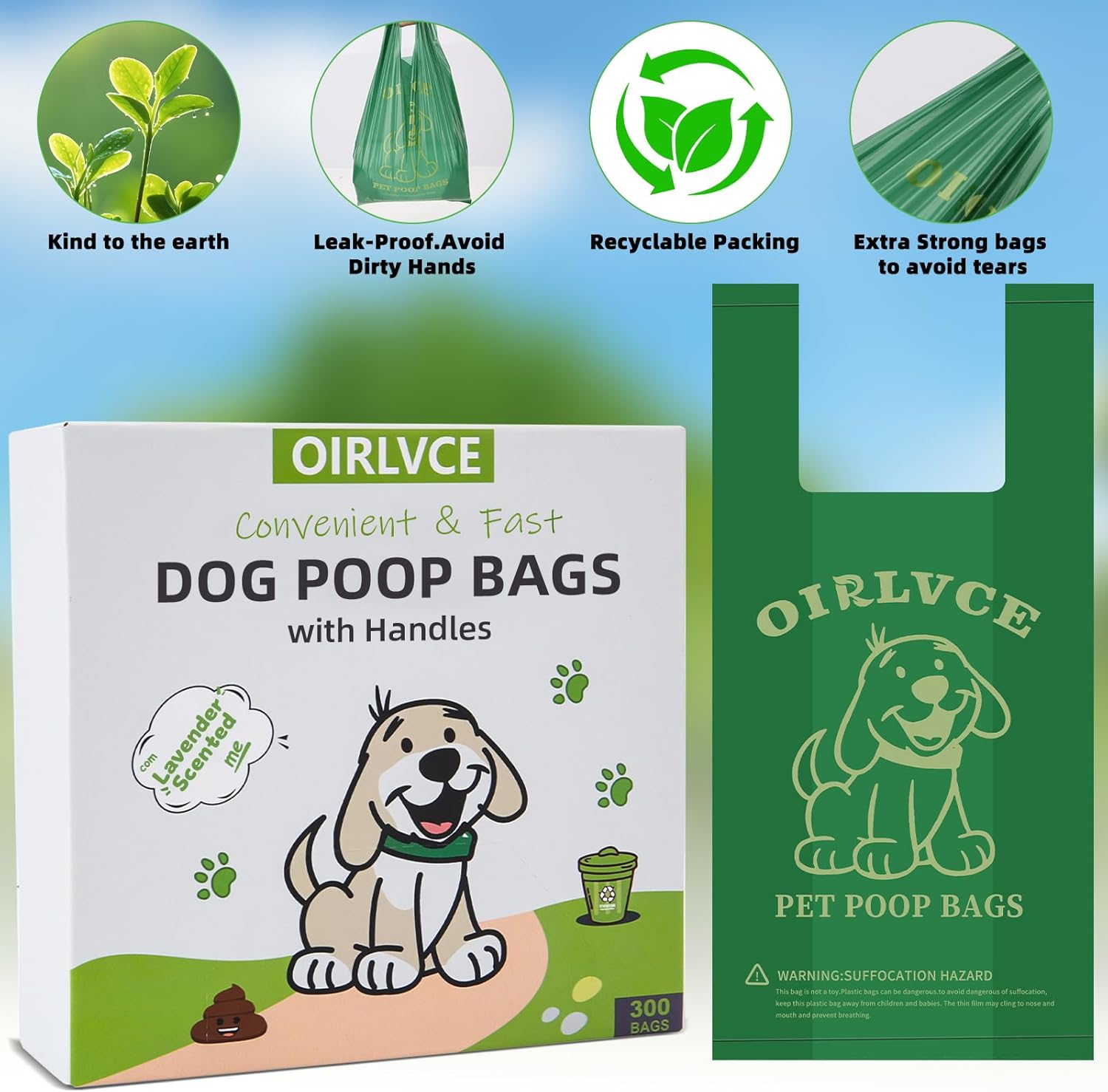 Detalle de OIRLVCE 300 Dog Poo Bags with Handles (Extra Thick, Leak-Proof) with Easy-Tie Design
