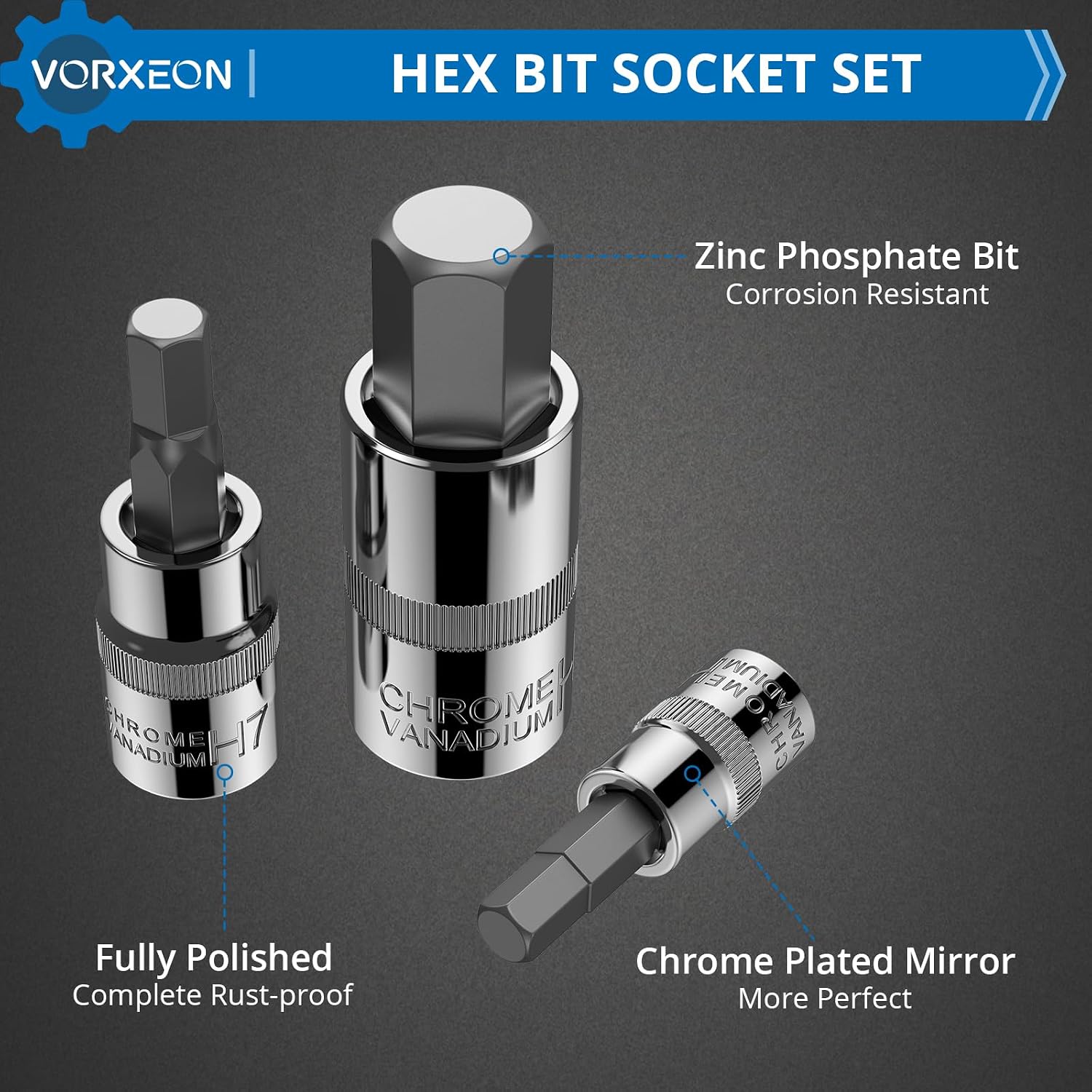 Detalle de VORXEON zeskantdopsleutelset, 13-delig, 2–14 mm, CRV- en S2-staal
