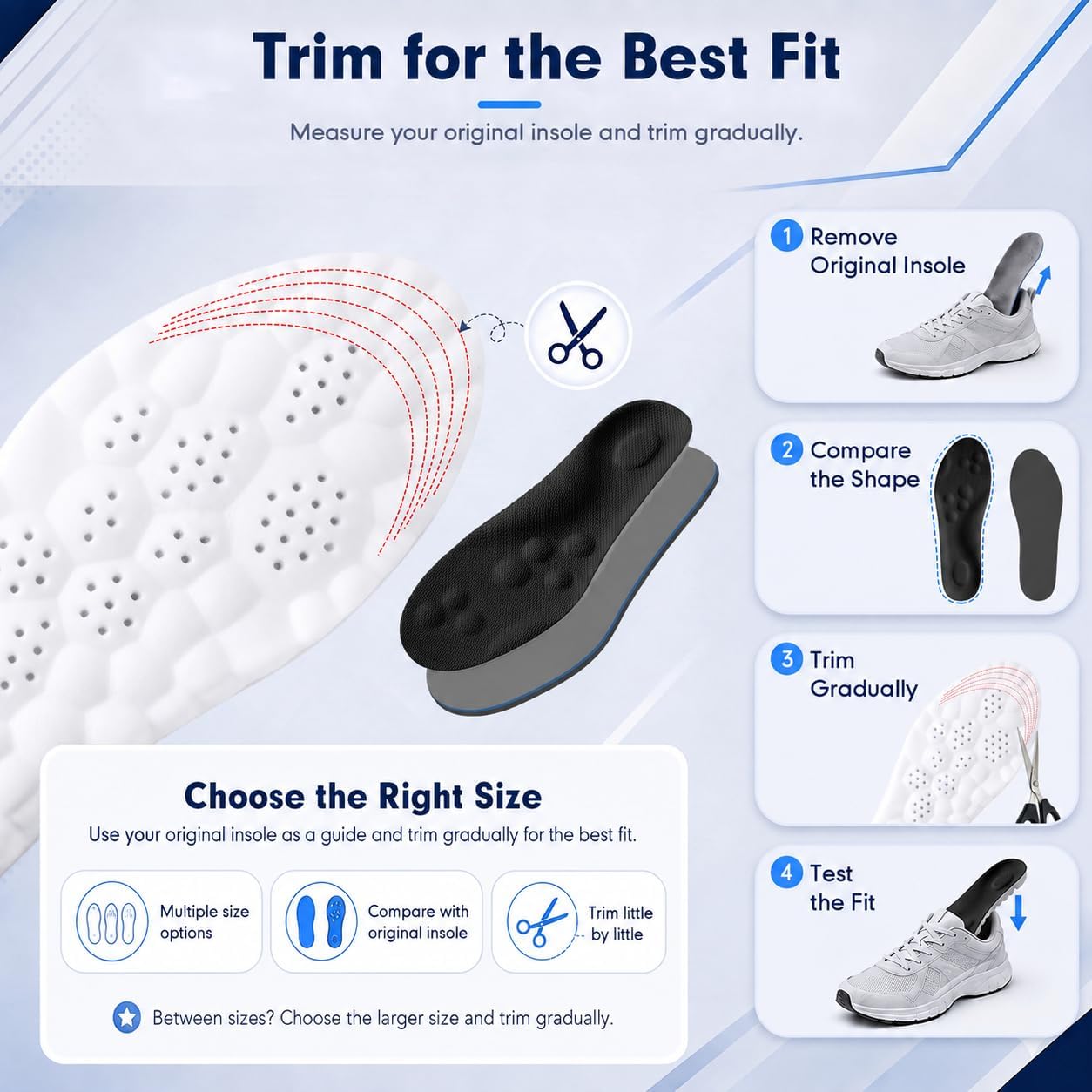 Detalle 1 de ENLOPQ GEN-SOLE-Black-Large Men's Memory Foam Insoles, Trim-to-Fit with Arch Support