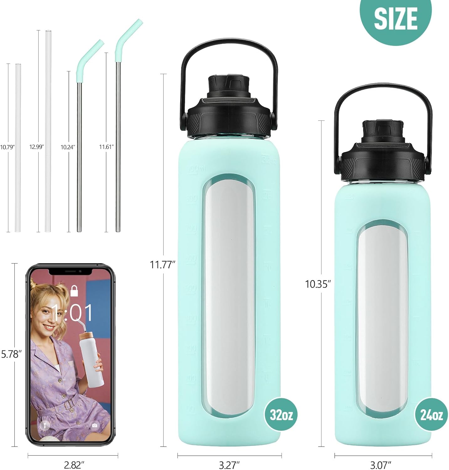 Thumbnail 3 de BLUEGO 900ML Bouteille en verre avec double couvercle et marqueur de temps – Gourde réutilisable bleue claire