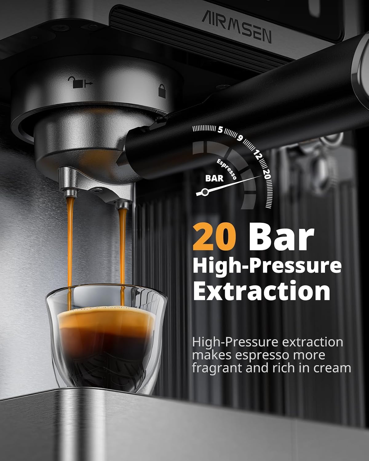 Detalle de AIRMSEN 20 Bar Espresso Machine with Automatic Milk Frother: Dual Boiler Convenience in Stainless Steel