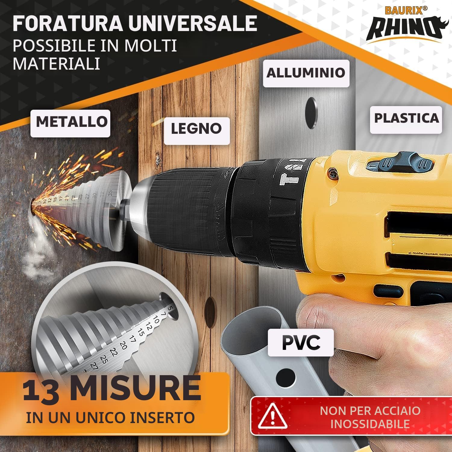 Thumbnail 2 de BAURIX® RHINO® Fresa a Gradini HSS [Ø 5‑35 mm] con alesaggio triangolare da 10 mm