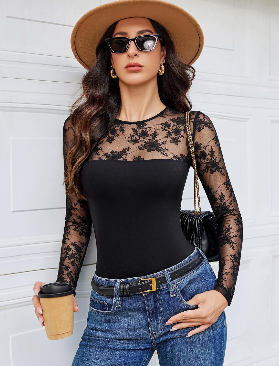 Detalle 2 de Avidlove Long-Sleeve Lace Bodysuit for Women, Crew Neck, Slimming Style