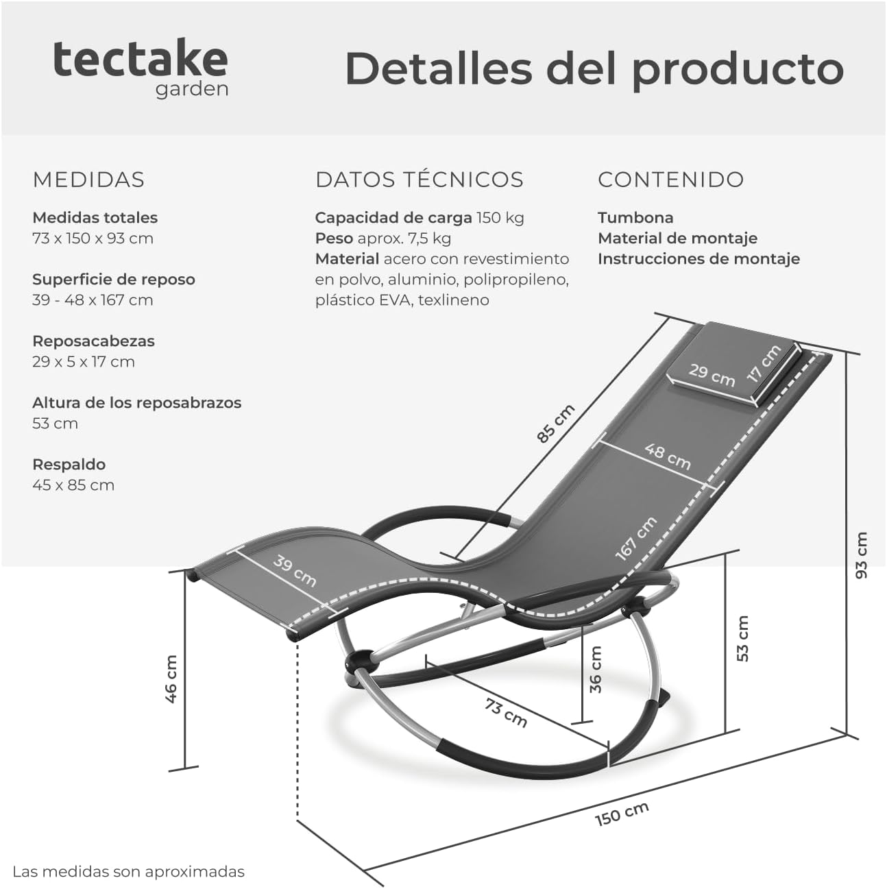 Detalle 2 de tectake Tumbona plegable balancín 150 kg