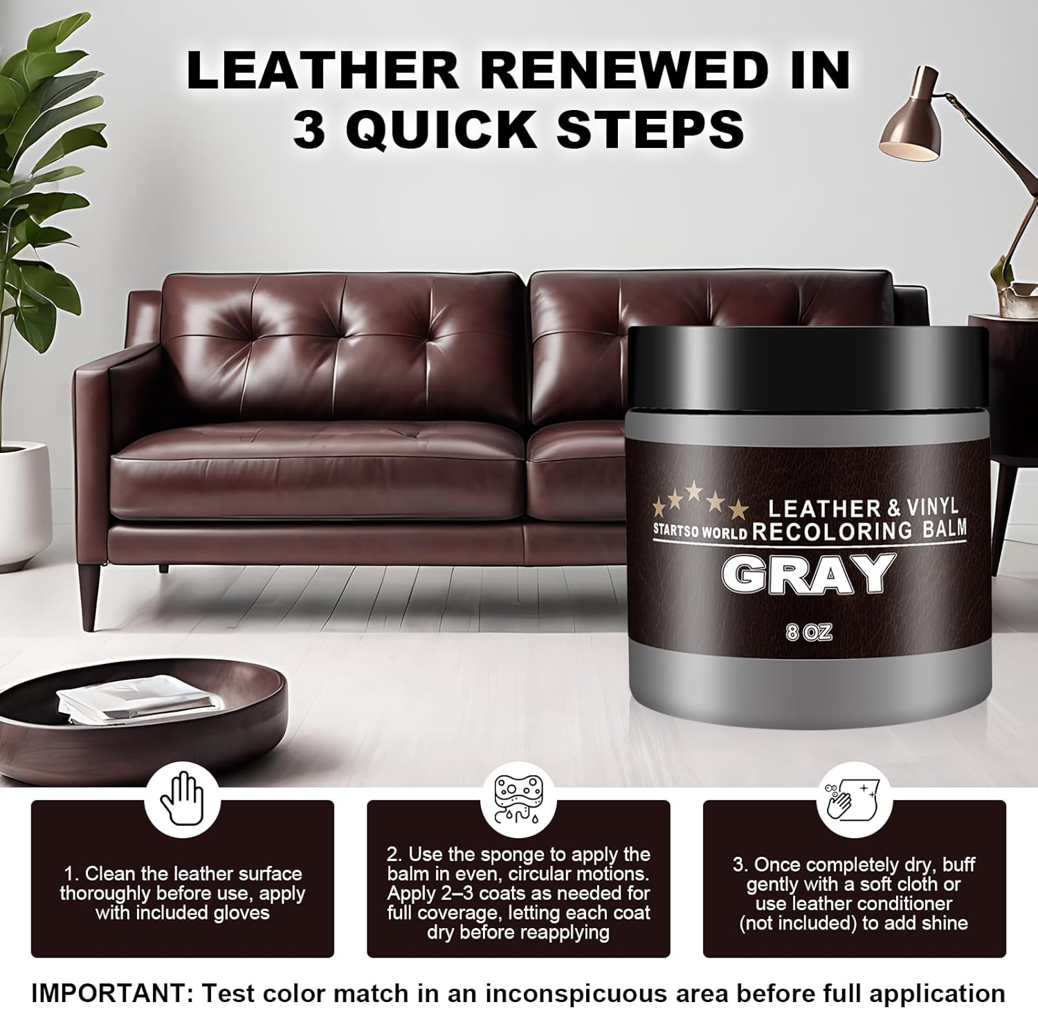 Thumbnail 5 de STARTSO WORLD Leather Recoloring Balm 200ml – Gray Leather Repair Kit for Furniture