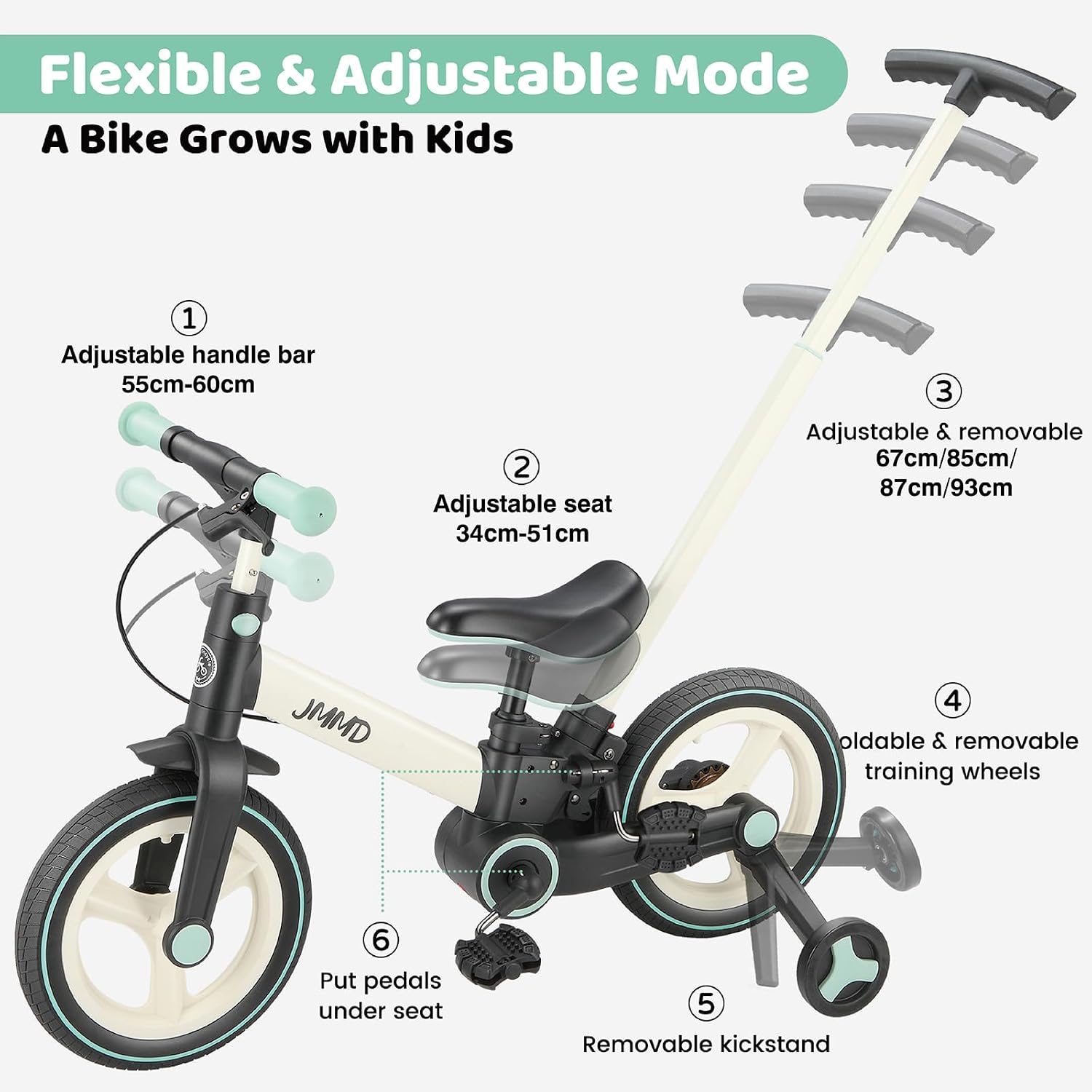 Detalle 2 de JMMD 6-in-1 Toddler Bike (12 inch) with Training Wheels, Pedals, Kickstand & Adjustable Parent Handle