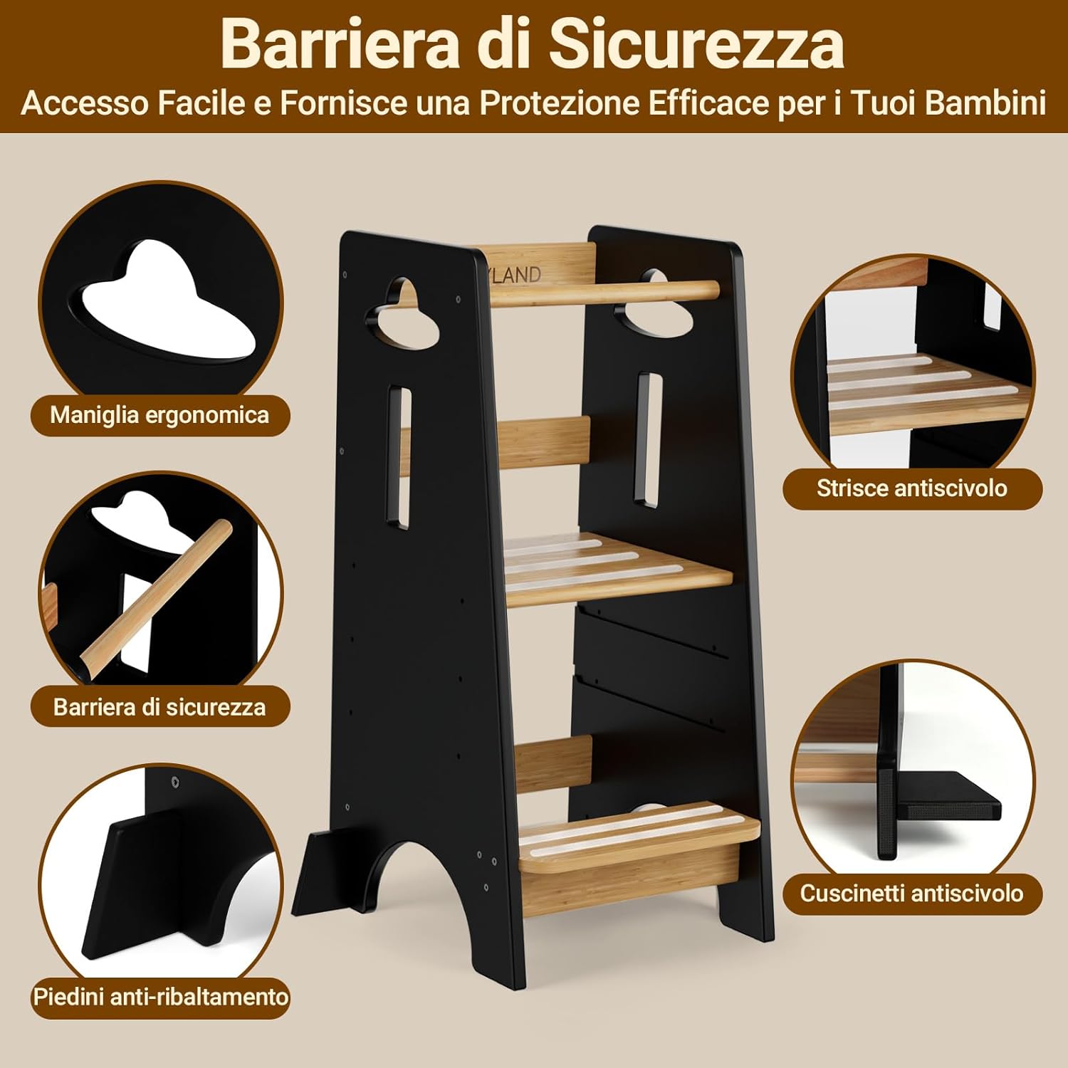 Detalle de COSYLAND Torre Montessoriana per Bambini – 3 Altezze in Legno, Nero Classico/Naturale