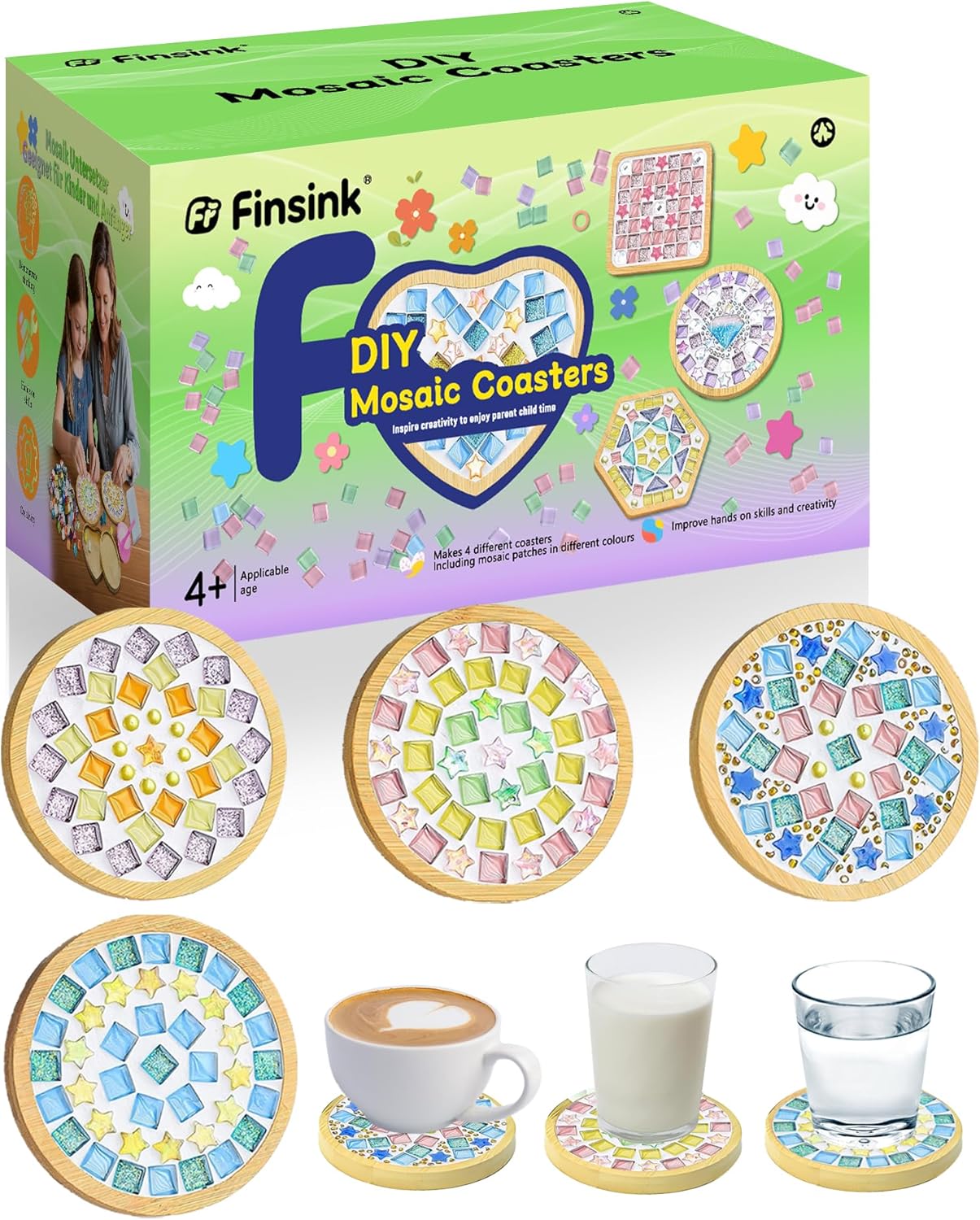 Detalle de Finsink Mosaik Bastelset für Kinder – 4er Untersetzer-Set aus Holz mit Glas-Mosaiksteinen