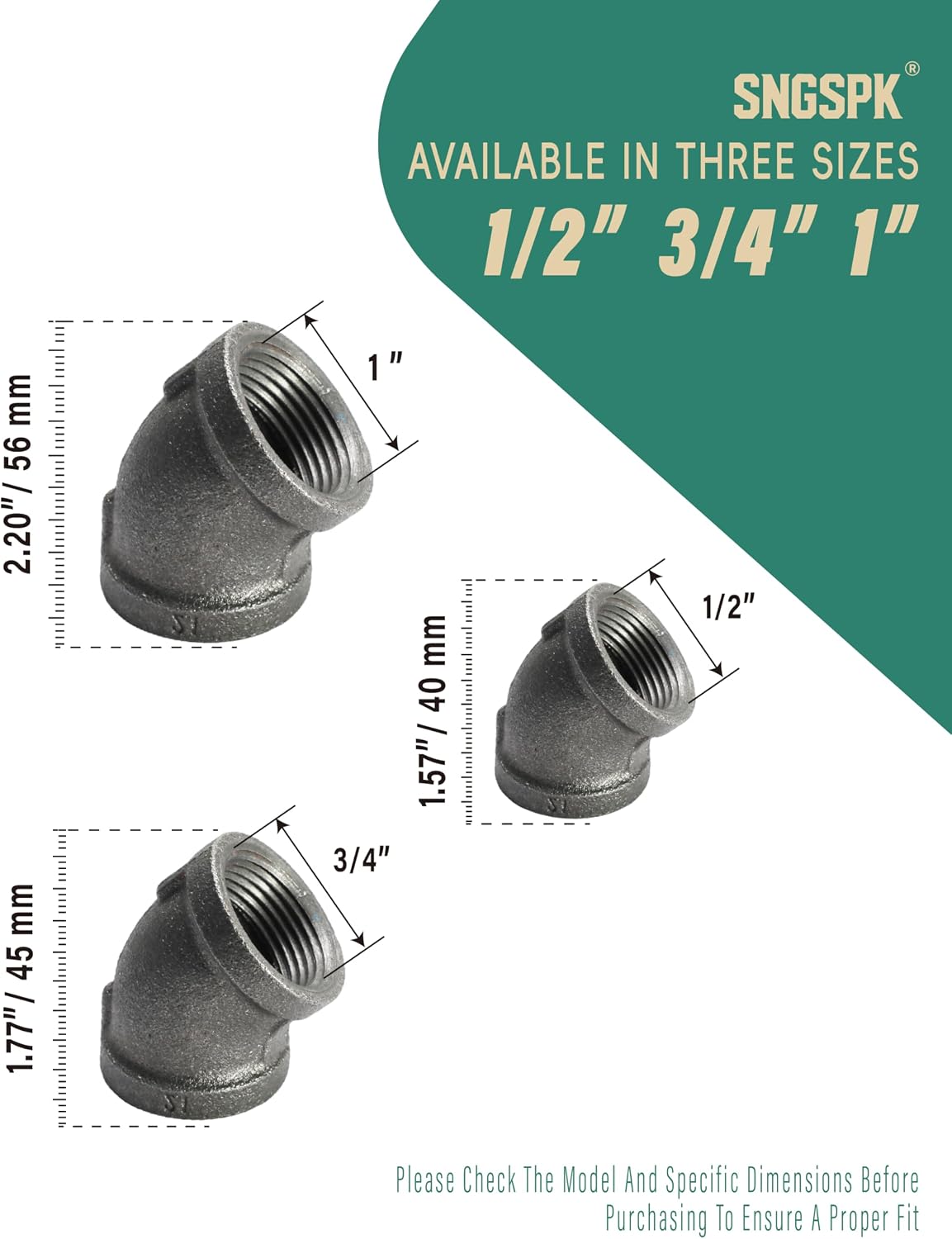Detalle 1 de SNGSPK Cast Iron Pipe Elbow, 1/2 Inch