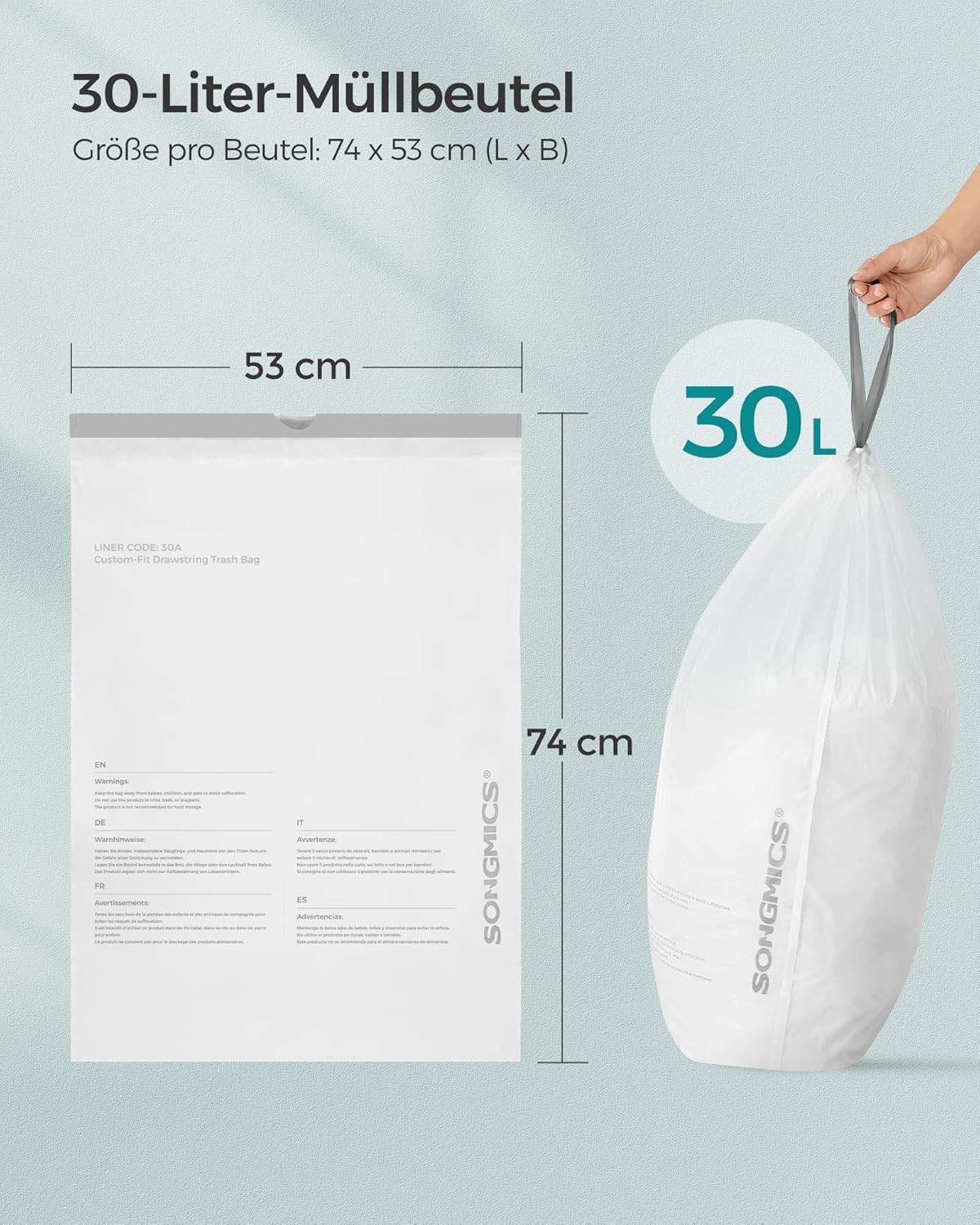 Thumbnail 5 de SONGMICS Müllbeutel mit Zugband 30 Liter (20 µm), Code 30A – 2 Rollen mit je 45 Stück, weiß (KRB30A02)