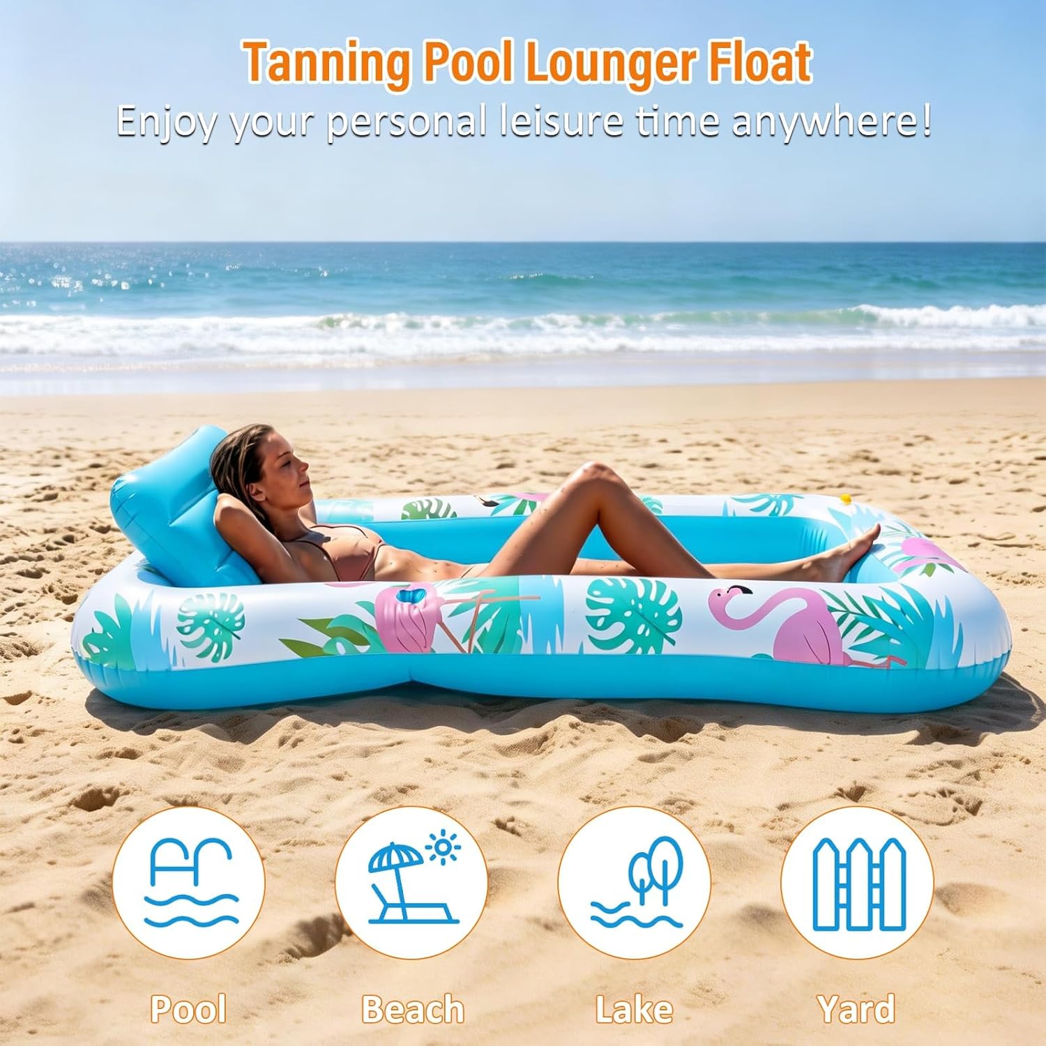Thumbnail 3 de Inflatable Tanning Pool Lounger Float with Sprinkler — Extra-Large, Pillow + Cup Holder