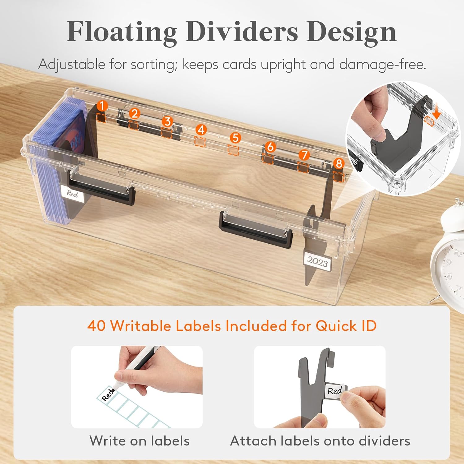 Detalle de Lifewit Trading Card Storage Box (2-Pack) with 8 Adjustable Dividers and Writable Labels