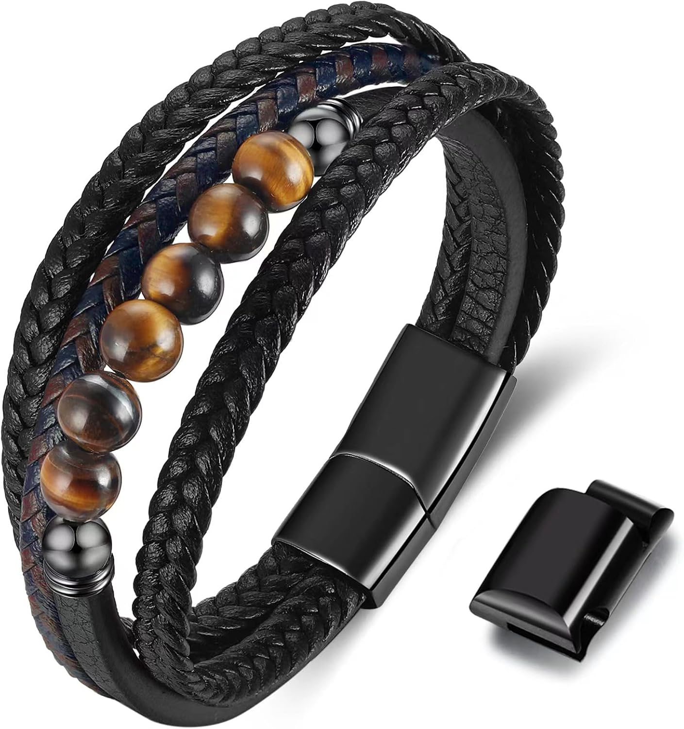 Thumbnail 3 de Gkmamrg Bracelet en cuir noir pour homme – 21 à 22,5 cm, acier inoxydable