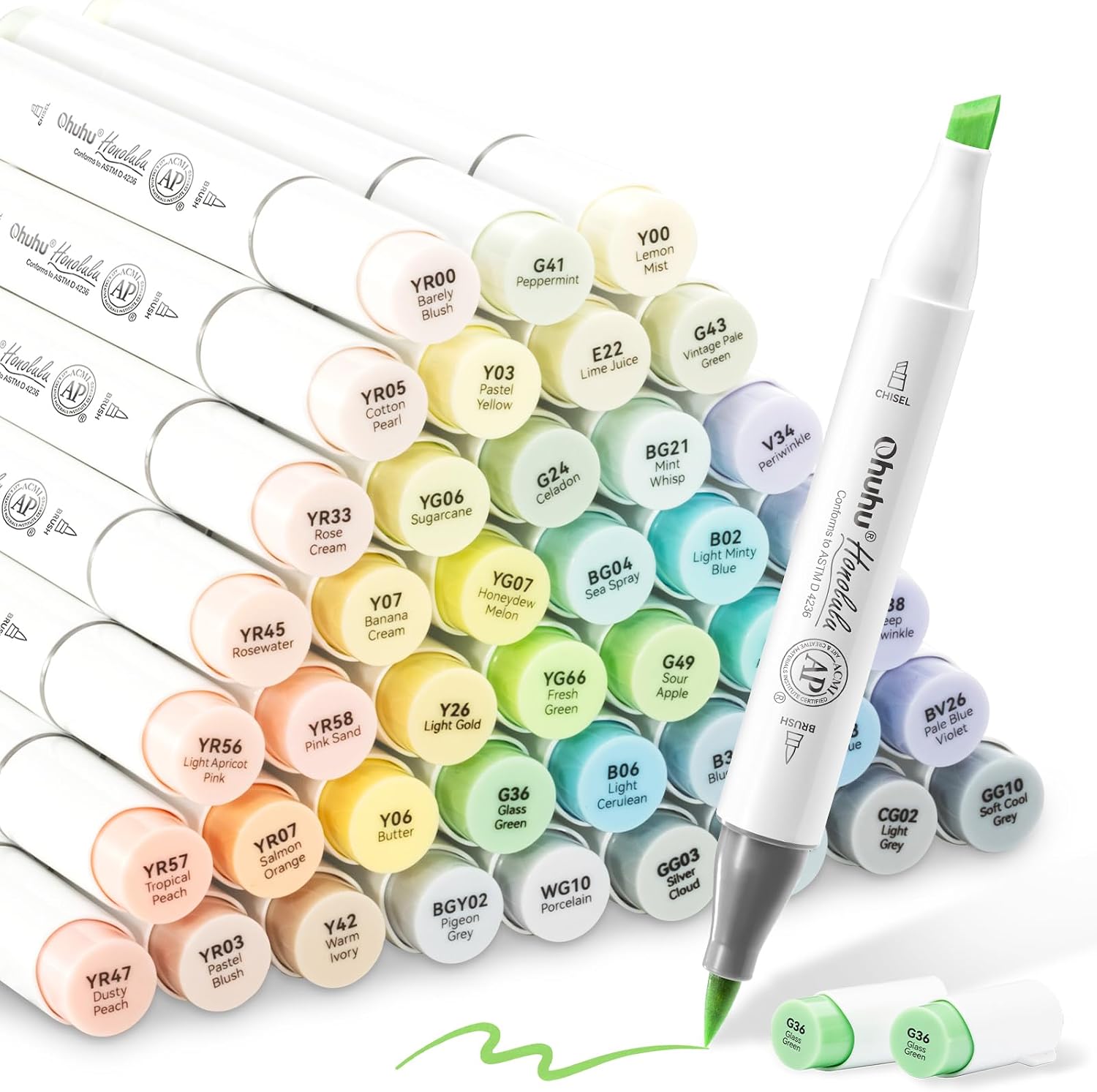 Detalle de Ohuhu Alkohol Marker Set 48 Pastellfarben (Honolulu Blossoming) – AP-zertifiziert, Doppelspitze