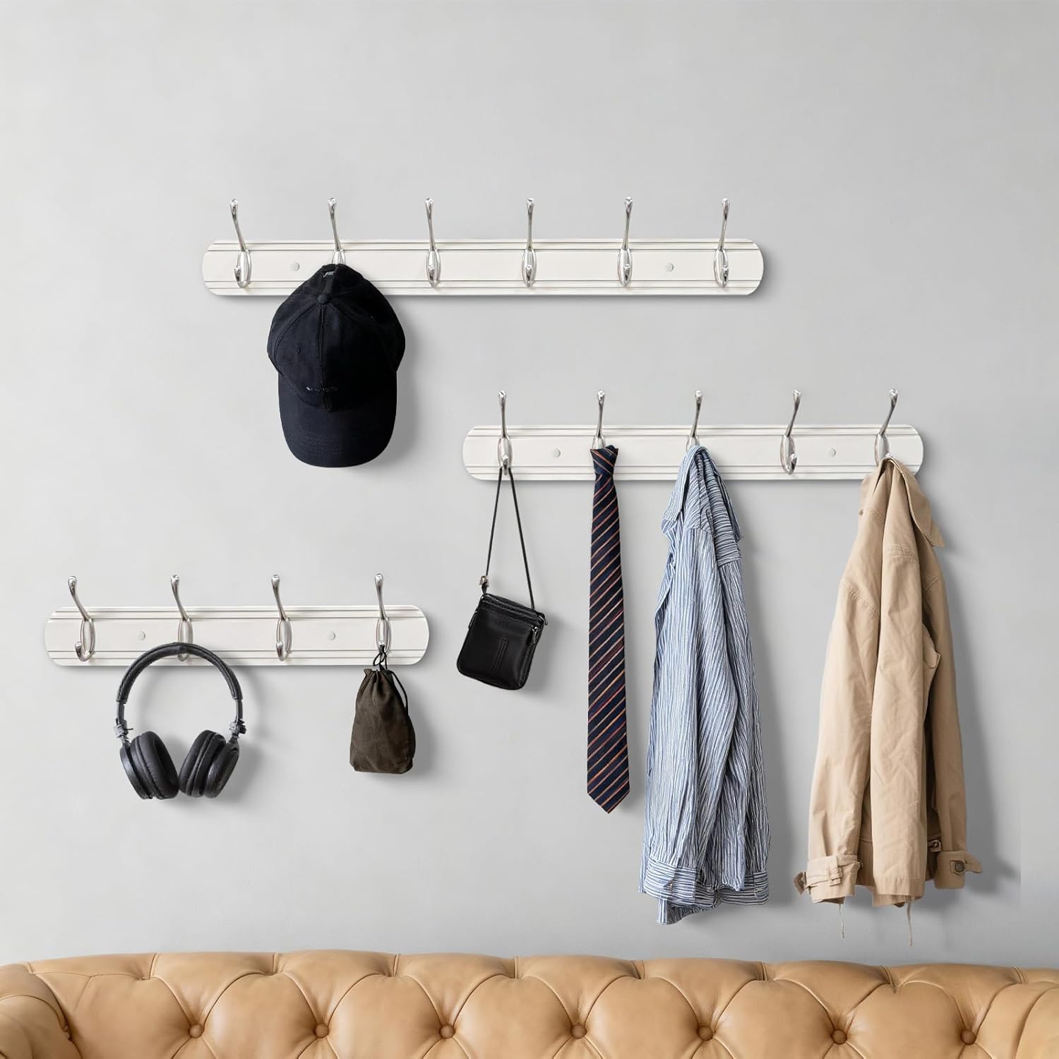 Thumbnail 5 de Yundoza Coat Hooks Wall Mount – Wood Bamboo with 4 Zinc Alloy Hooks (White & Brushed Nickel)