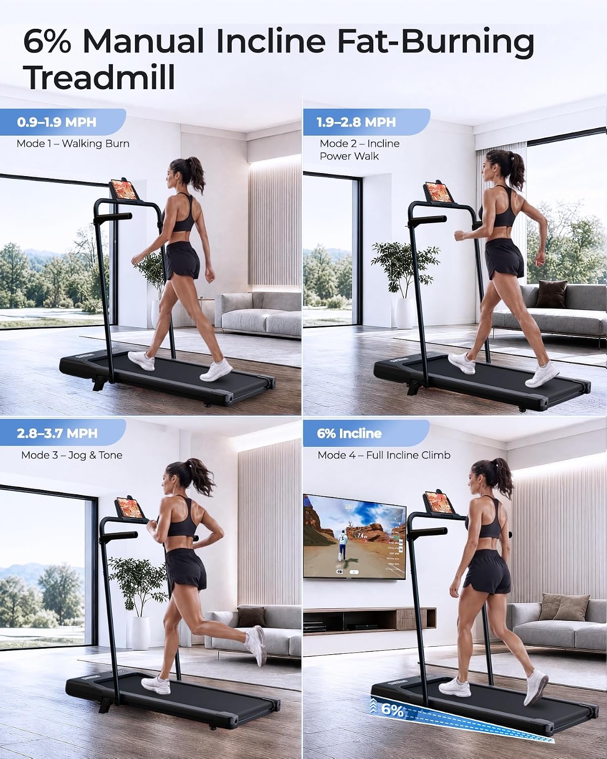Detalle de Superun BA09-F4 Walking Pad Treadmill, 6% Incline, 2.5 HP, 0.6–3.8 MPH
