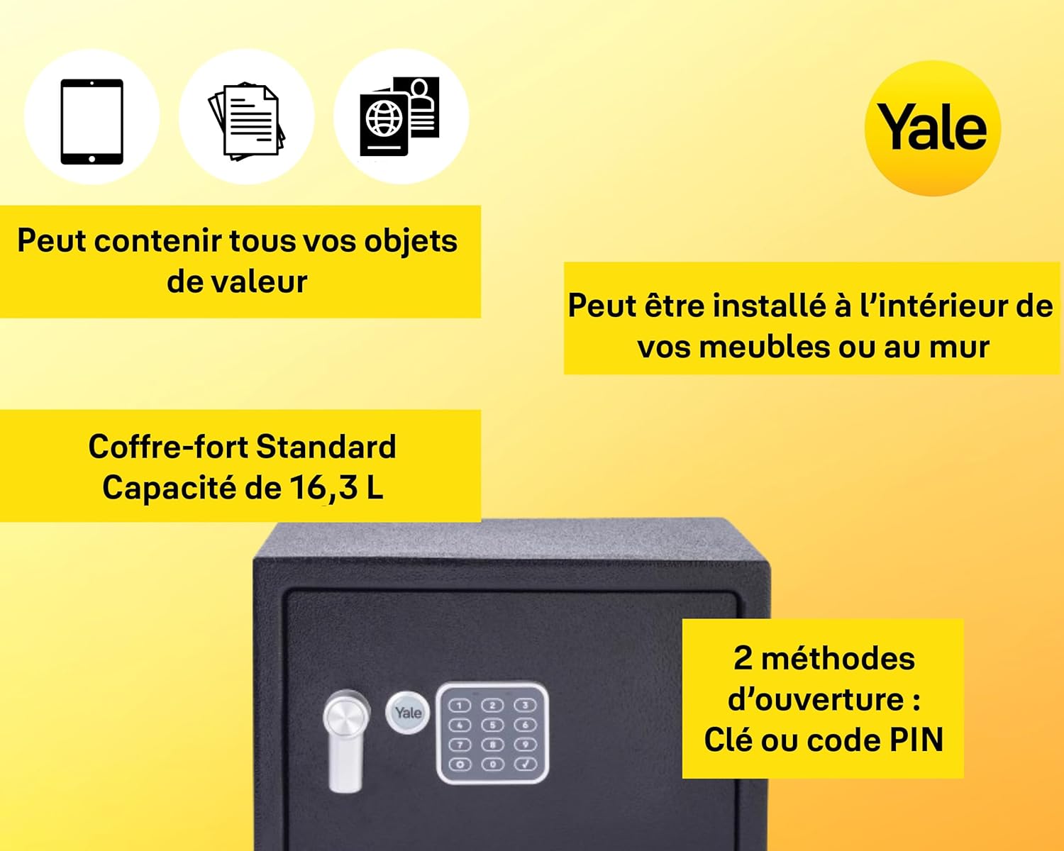 Thumbnail 2 de Coffre-fort électronique Yale Medium 16,3 L – Serrure code 3 à 8 chiffres (YSV/250/DB2)
