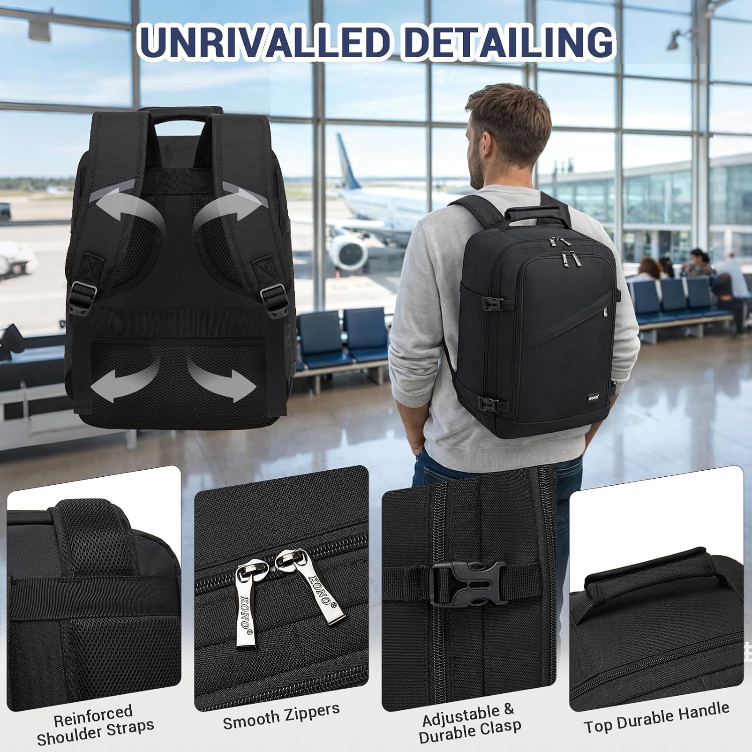 Thumbnail 3 de Kono Ryanair Cabin Bag 40x30x20cm Underseat Travel Backpack (Black)