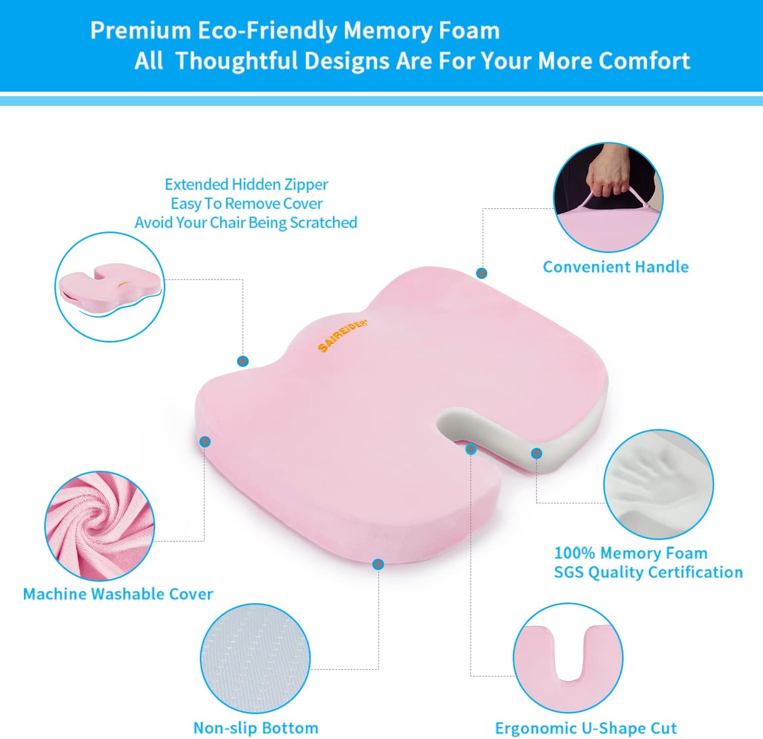 Detalle de SAIREIDER SrdSeatCushion-A01P Memory Foam Seat Cushion, Pink